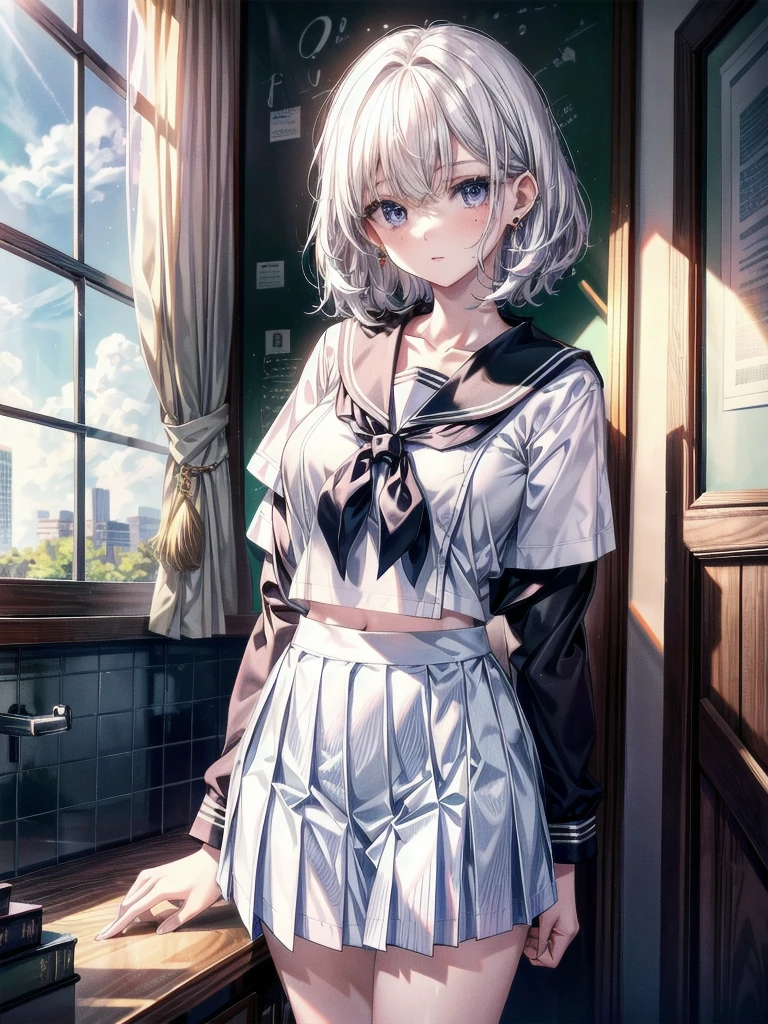 sailor school_uniform, absurdres, RAW photo, extremely delicate and beautiful, masterpiece, Best Quality, ultra high resolution, 32k, hyperrealistic, ultra-detailed, detailed description, pale skin, 20 years old, tearful mole, earring, Colossal tits, short medium hair, wavy hair,