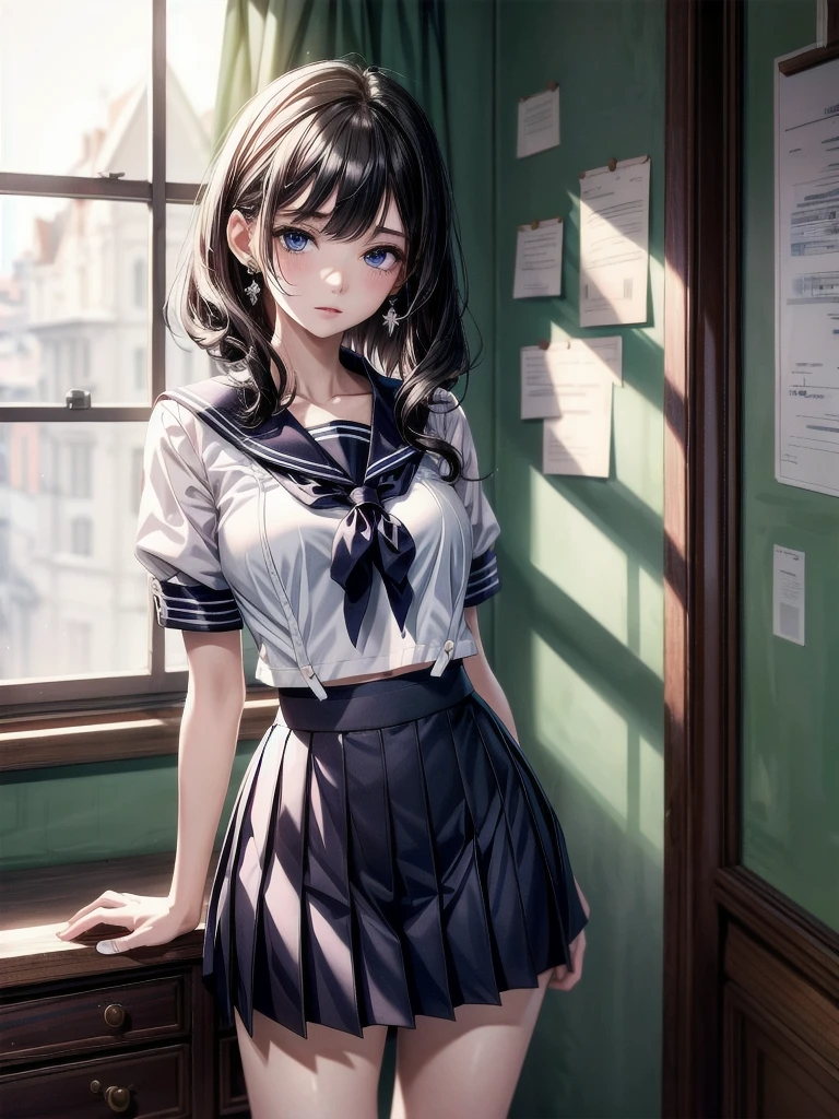 sailor school_uniform, absurdres, RAW photo, extremely delicate and beautiful, masterpiece, Best Quality, ultra high resolution, 32k, hyperrealistic, ultra-detailed, detailed description, pale skin, 20 years old, tearful mole, earring, Colossal tits, short medium hair, wavy hair,