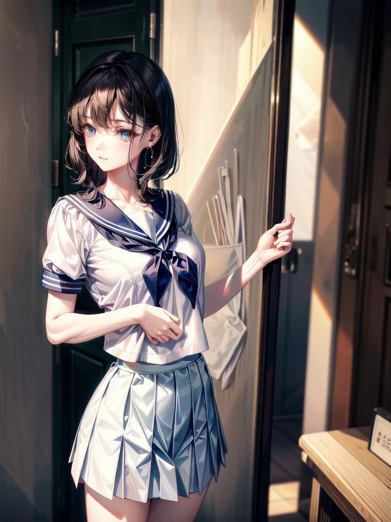 sailor school_uniform, absurdres, RAW photo, extremely delicate and beautiful, masterpiece, Best Quality, ultra high resolution, 32k, hyperrealistic, ultra-detailed, detailed description, pale skin, 20 years old, tearful mole, earring, Colossal tits, short medium hair, wavy hair,