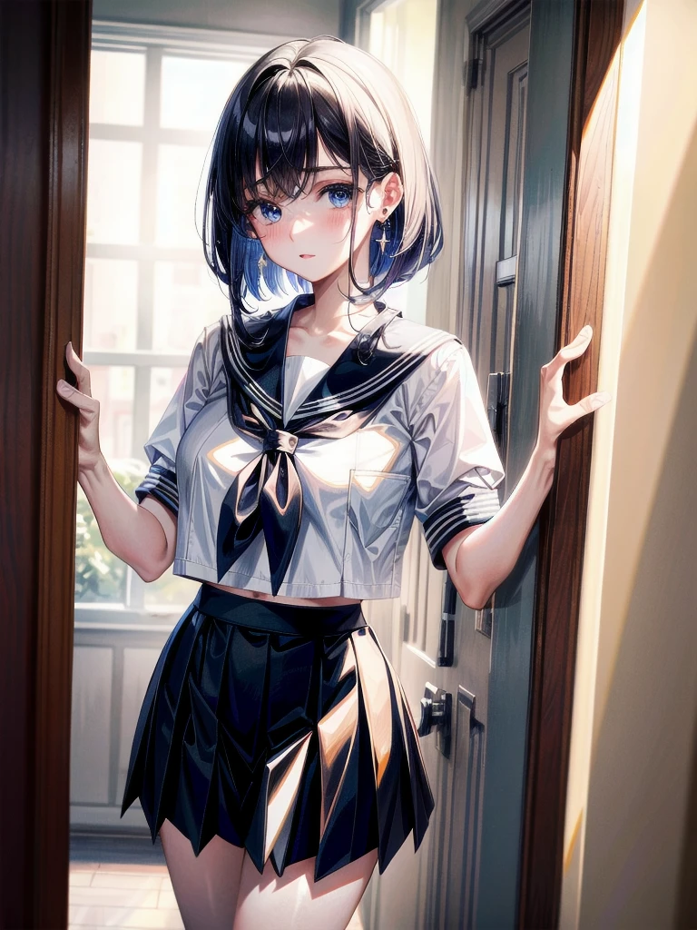 sailor school_uniform, absurdres, RAW photo, extremely delicate and beautiful, masterpiece, Best Quality, ultra high resolution, 32k, hyperrealistic, ultra-detailed, detailed description, pale skin, 20 years old, tearful mole, earring, Colossal tits, short medium hair, wavy hair,