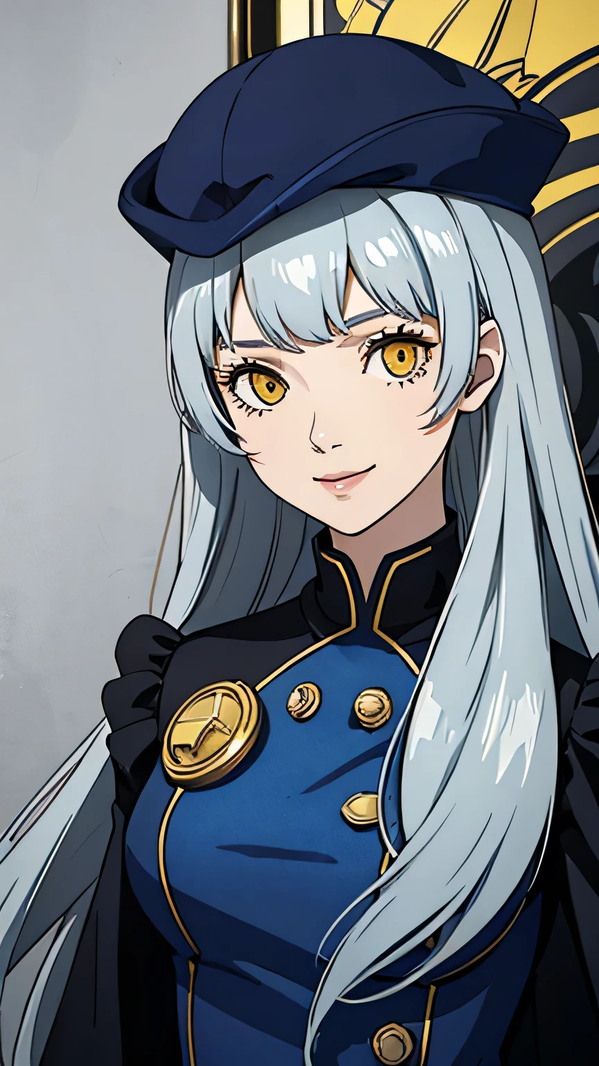 1 girl, Long hair, gray hair, yellow eyes, smile, blue phthalo outfit, velvet room outfit, portrait, hat,