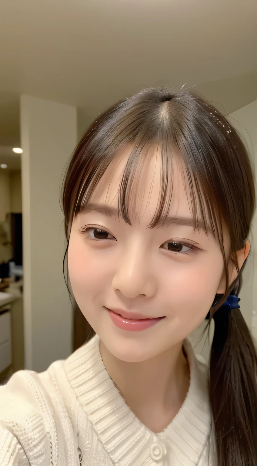 ((highest quality、8k、masterpiece:1.5))、One Girl、Laughter、(Mouth closed:1.3)、Blunt bangs、Bangle body: Lots of Esbian:1.4)、(Symmetrical face)、Ultra detailed face、Detailed eyes、Detailed ears、double eyelid、Slim face、(Selfie:1.3)、(Off the shoulder)、(Selfie)、(look up)、(From above)、(Large Breasts:0.9)、The background is blurred、Landscape、cardigan、ponytail、