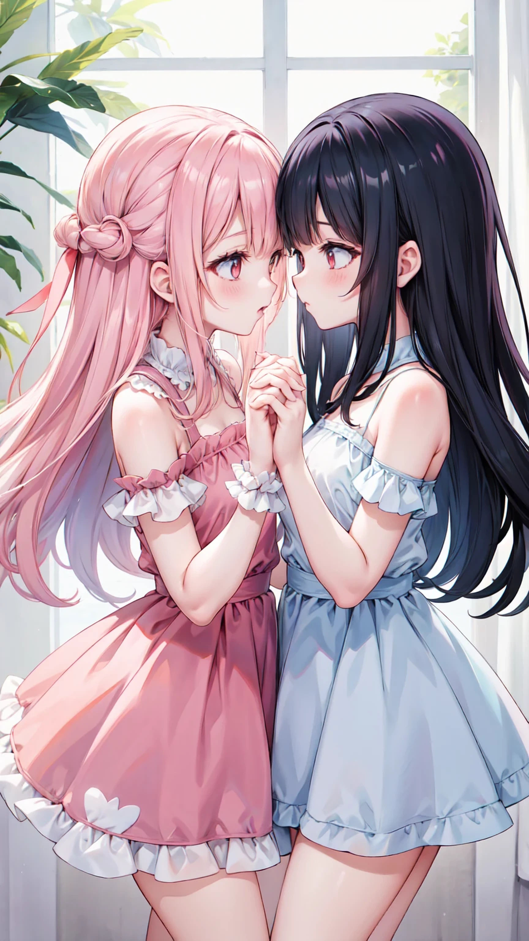 Couple girls,holding hands in a lover&#39;s tether,Anime Art.