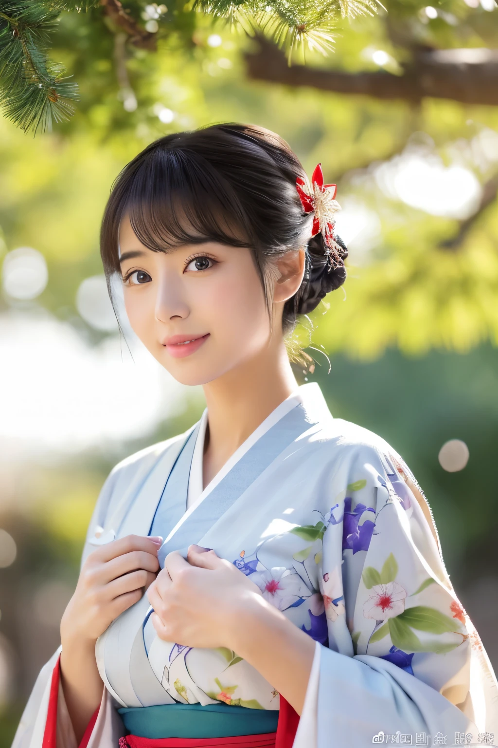 ((top-quality、8K、masuter piece:1.3))、(Beautiful, Realistic Japan),1 female、Sunny clothes in Japan、japanese kimono、(Big Tits:1.2)、perfect anatomia、Beautiful limbs、New Year、hyperdetailed face、High detailed lips、A detailed eye、double eyelid 、snowflakes falling、(Kadomatsu、Shimenawa ornament、New Year's decorations)、large tree、naturey、kou、a white world、Happy New Year、