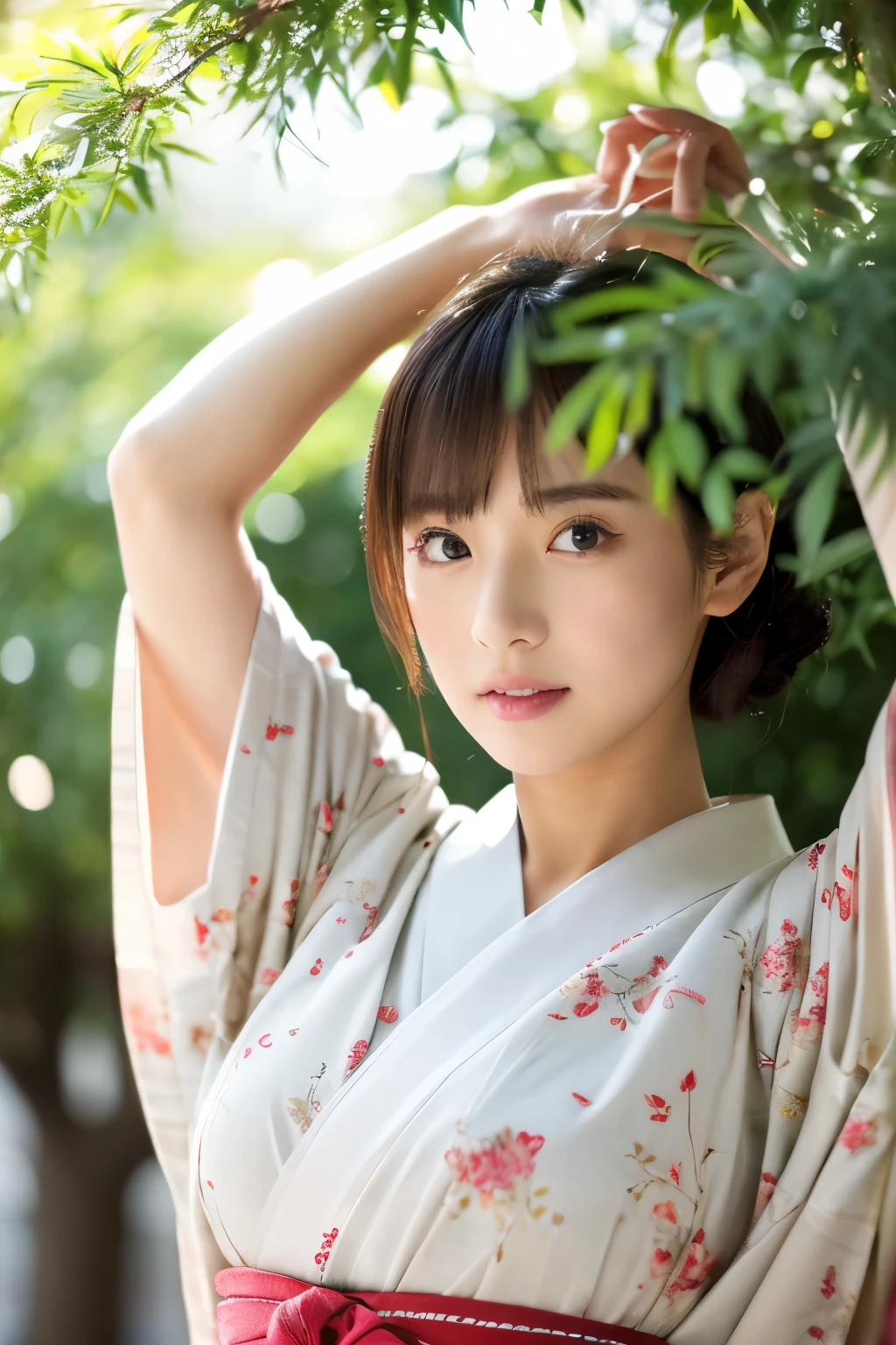 ((top-quality、8K、masuter piece:1.3))、(Beautiful, Realistic Japan),1 female、Sunny clothes in Japan、japanese kimono、(Big Tits:1.2)、perfect anatomia、Beautiful limbs、New Year、hyperdetailed face、High detailed lips、A detailed eye、double eyelid 、snowflakes falling、(Kadomatsu、Shimenawa ornament、New Year's decorations)、large tree、naturey、kou、a white world、Happy New Year、