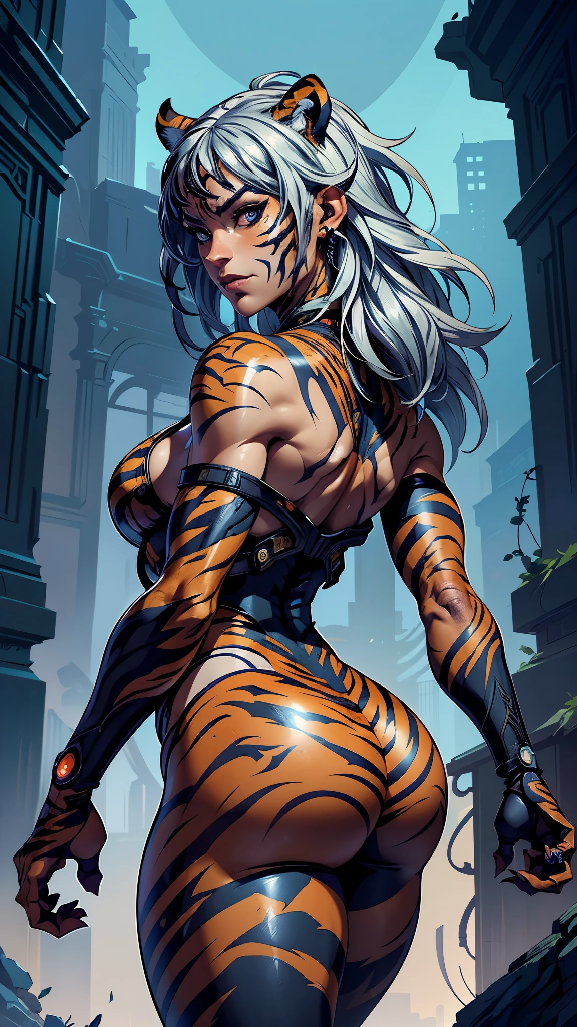 Chica anime con un  tigre y un vestido azul., epic fantastic art style, fantastic art style, (epic fantasy digital art style:1.4 ) , (neoartcore y charlie bowater) ,, (charlie bowater art style:1.4) , artgerm y atey ghailan, (epic fantastic art style hd, alicia x. zhang:1.4) , anime fantasy illustration, ,(Fondo de ruinas de mazmorra en ruinas Tokio cyberpunk :1.4 ), (fondo un tigre gigante trasparente :1.4), (face detailed :1.4), More detailed 8K.motor irreal:1.4,UHD,La mejor calidad:1.4, fotorrealista:1.4, textura de la piel:1.4, obra maestra:1.8,obra-prima, mejor calidad,objeto Objeto], (detailed face features:1.3),(Las proporciones correctas),(Ojos hermosos azules),  (pose vaquero), (dynamic pose), (tigre white :1.4), (tigre V2.1), (cyborg tiger white mechanic :1.4) 