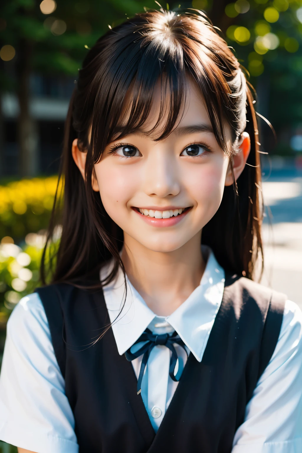 lens: 135mm f1.8, (highest quality),(RAW Photos), (Tabletop:1.1), (Beautiful 4 year old Japanese girl), Cute face, (Deeply chiseled face:0.7), (freckles:0.4), dappled sunlight, Dramatic lighting, (Japanese School Uniform), (On campus), shy, (Close-up shot:1.2), (smile),, (Sparkling eyes)、(sunlight)