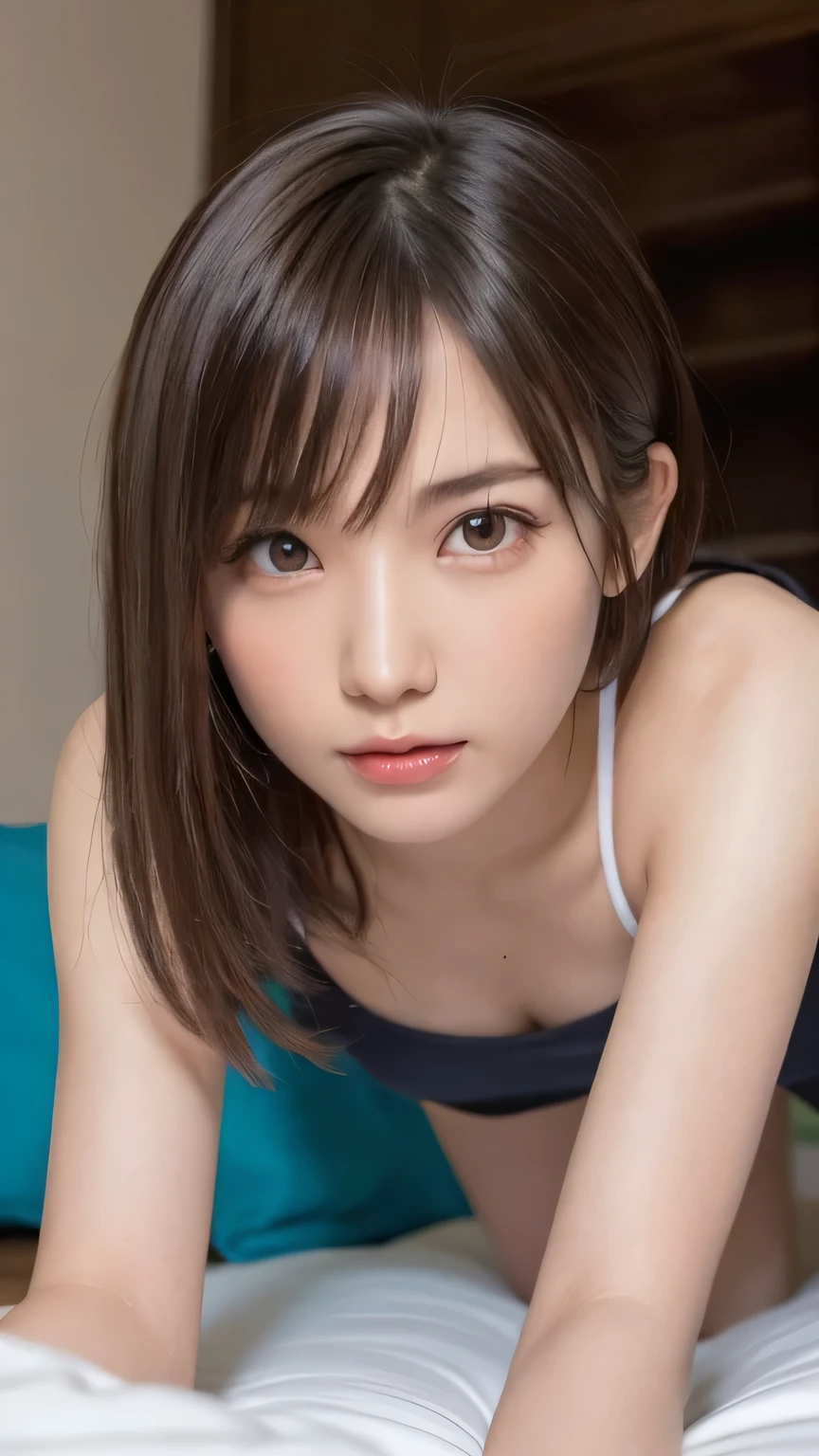 One Girl, (Beautiful girl, Delicate girl:1.3),
break, Very fine grain definition, (Symmetrical eyes:1.3),
break, (Bedroom:1.3), (On all fours, Crawling posture:1.3), (Shooting from directly below, Downward:1.3), perfectly trimmed fingers,
break, Small breasts, Brown eyes, Parted bangs, Brown Hair,
break, (Eyes and facial details:1.0),
break, (masterpiece, highest quality, Super detailed, Detailed face, 8k)