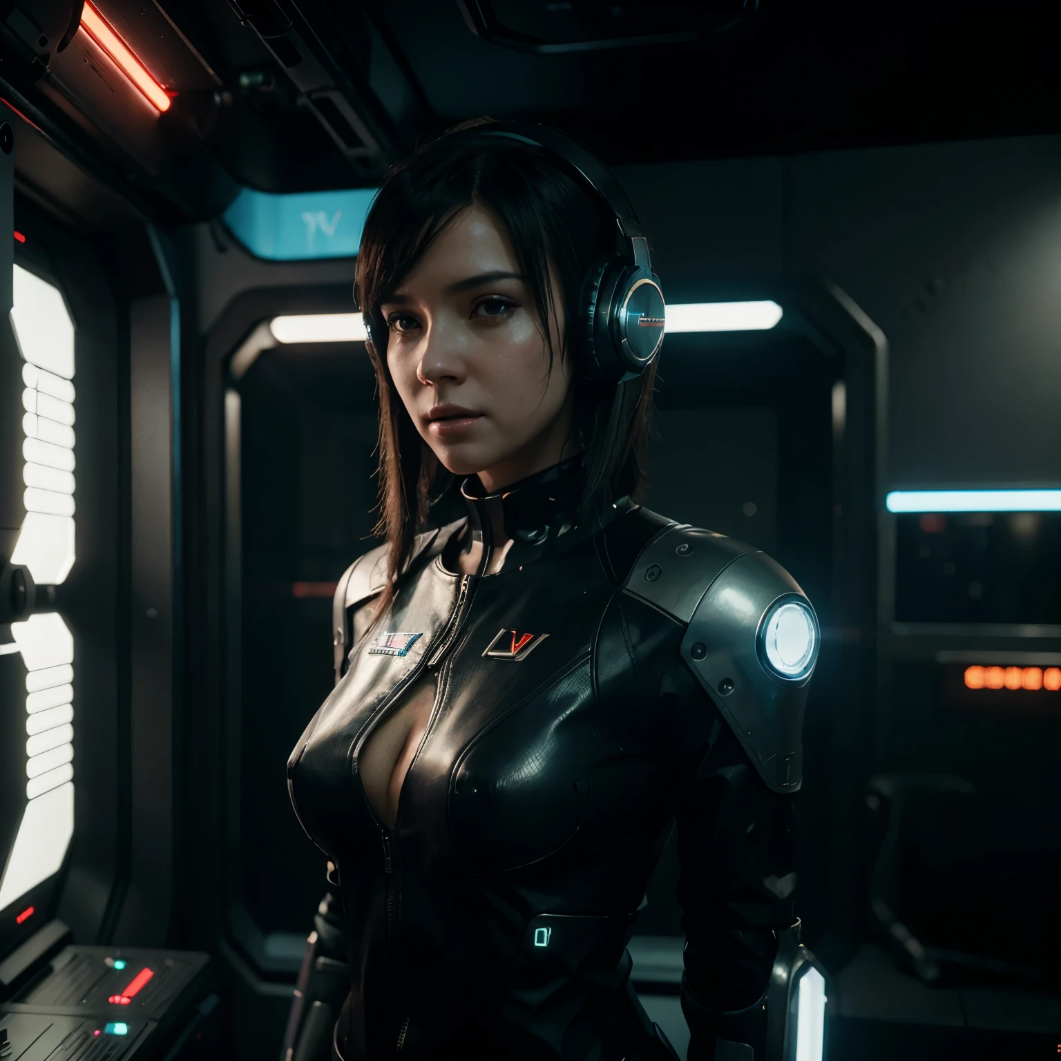 a woman with headphones standing next to a robot, cyberpunk art by Jason A. Engle, cgsociety, retrofuturism, ilya kuvshinov, sci-fi, futuristic, vibrant, photorealistic, realistic, dramatic, cinematic lighting, sharp focus, 8k having sex