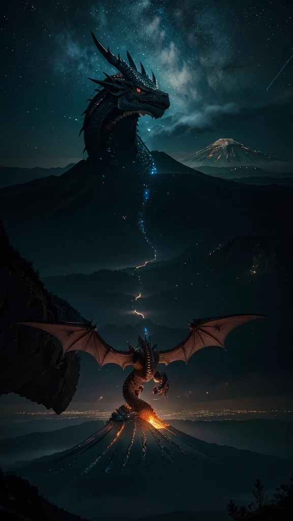 Dragons are usually depicted as large creatures with scaly bodies, membranous wings, and horns on their heads. Typically, they have sharp eyes, large fangs, and long, winding tails. You can depict the dragon against an epic backdrop such as an erupting volcano, a dense forest, or a starry night sky. With the right shadows and light effects, dragon images can look very powerful and mysterious.