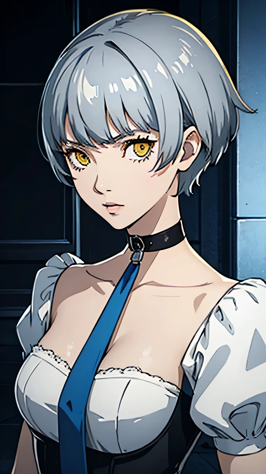 1 girl, very Short hair, gray hair, yellow eyes, serious face, blue phthalo outfit, velvet room dress, portrait, blue phthalo choker