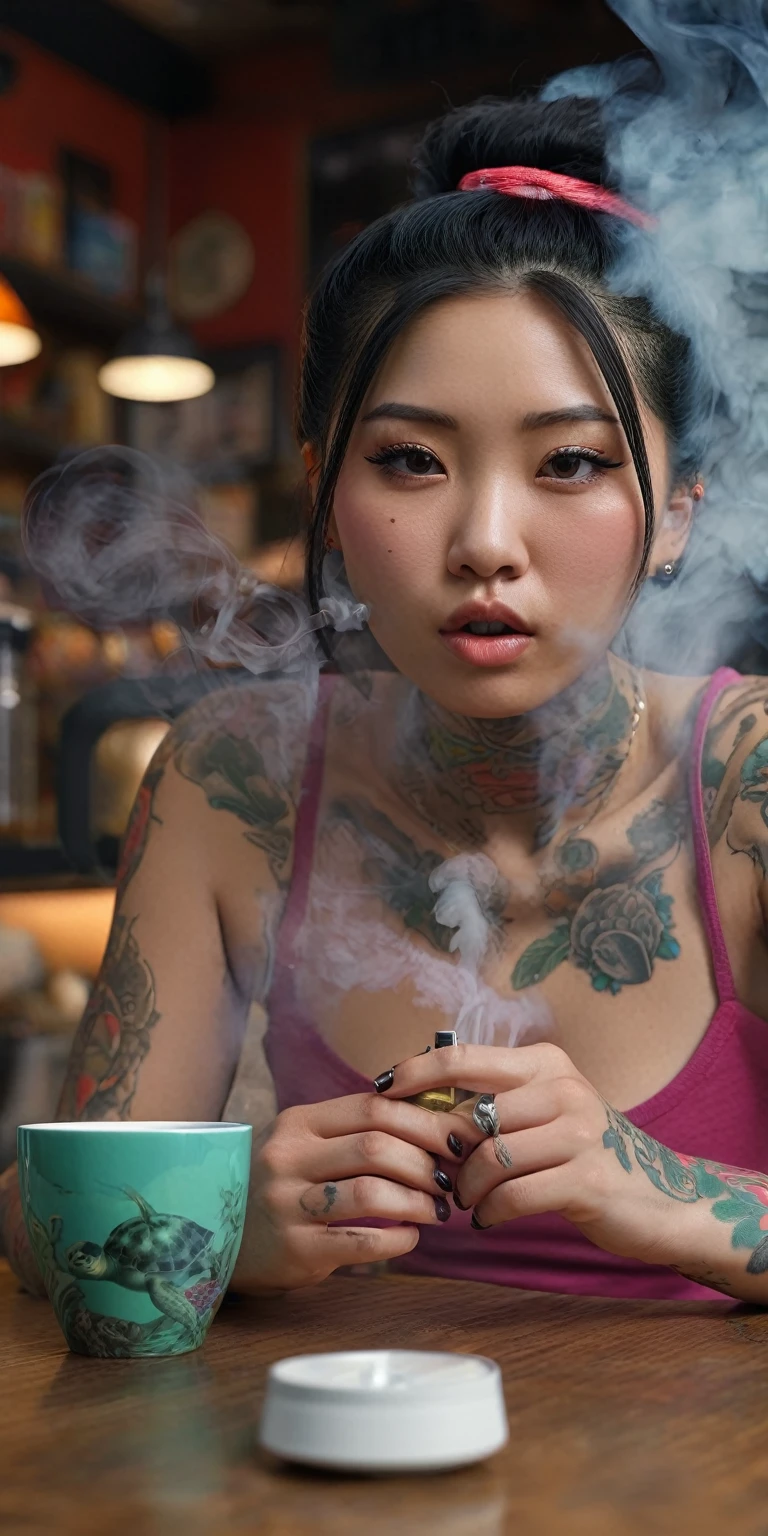 masterpiece, above, very realistic, very detailed, a full-bodied asian woman with bright colorful tattoos facing the viewer, black hair pigtails hair bun, wearing a bright color turtle neck shirt, bright feminine skirt, sneakers, sitting in a coffee shop, A boxy object resembling a vape seen in the woman's hand is very realistic and detailed. The cup of coffee on the table in front of her is very realistic, you can see smoke rising from her mouth, very realistic, as if the woman is smoking a box-shaped object that resembles a vape in her hand, it looks very realistic. background of coffee shop and smoke. full body, frontal, face details, finger details, shape details ((vape)) ((vape)) very realistic and detailed, very detailed smoke details, background details, very detailed descriptions, 32K ultraHD resolution, HDR, 800mm lens, realistic, hyperrealistic, photography, professional and immersive photography, ultra HD, ultra high quality, best quality, HDR photos, focused photos, original photos, ultra sharp, nature photos, masterpieces, award winning, taken with Hasselblad x2D.