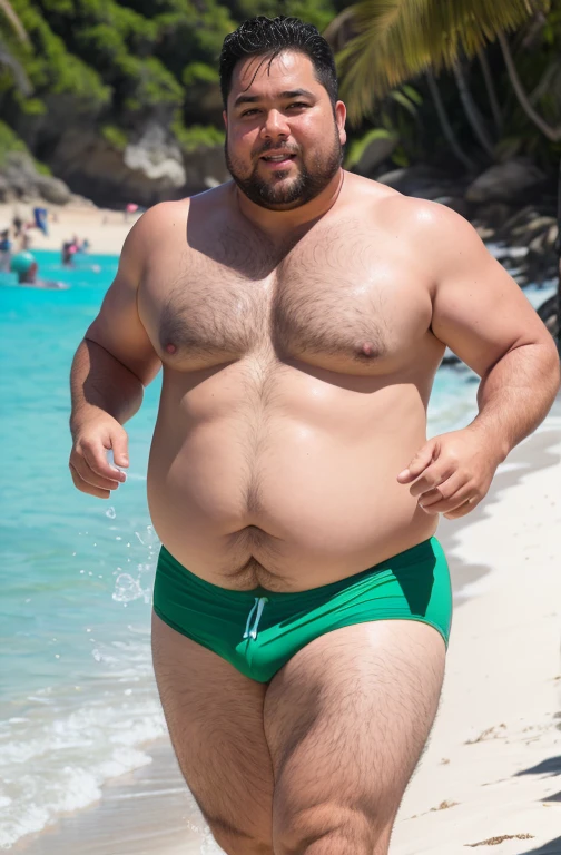 He is running on the beach, plump, chubby, extremely thick thighs, large belly, wearing only green swim trunks. He doesn't wear a shirt.muito barbudo. 56 anos.apana 1 umbigo. Barriga detalhada. 