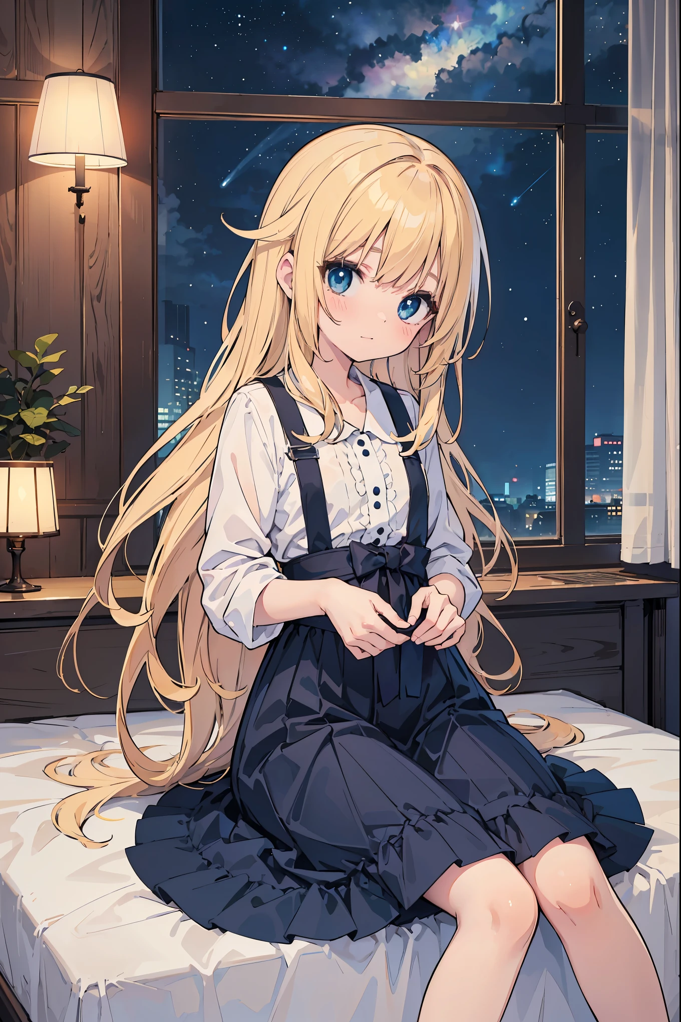 Highly Detailed CG Integrated 8k Wallpaper、Very Good、Absurd、8KCG Wallpaper、Highest Quality、Super Detailed、Cute Face、Anime Girl Sitting on Bed in Blue Dress and White Shirt, Home Art Animes, Blonde Long Hair anime girl, anime style as destiny, Cute girl anime pictures, cute anime wife in a nice dress, in a dress, best anime girl, small curves, anime moe art style、The stars are full of shine
