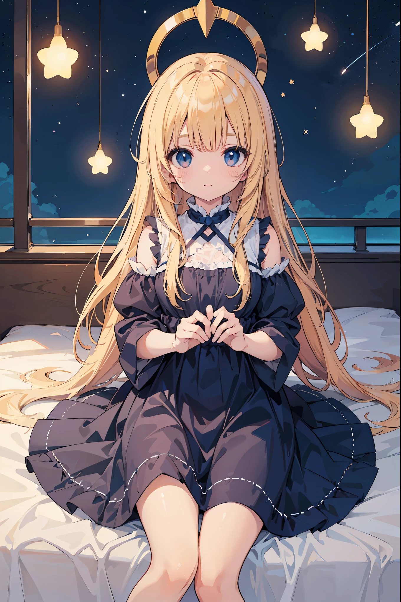 Cute anime girl with long blonde hair and purple eyes wearing an open gray dress sitting on her bed, one leg crossed over theother. She has green ribbons in her hair. Full-body portrait, cute pose, bedroom background, high-quality illustration style, best quality