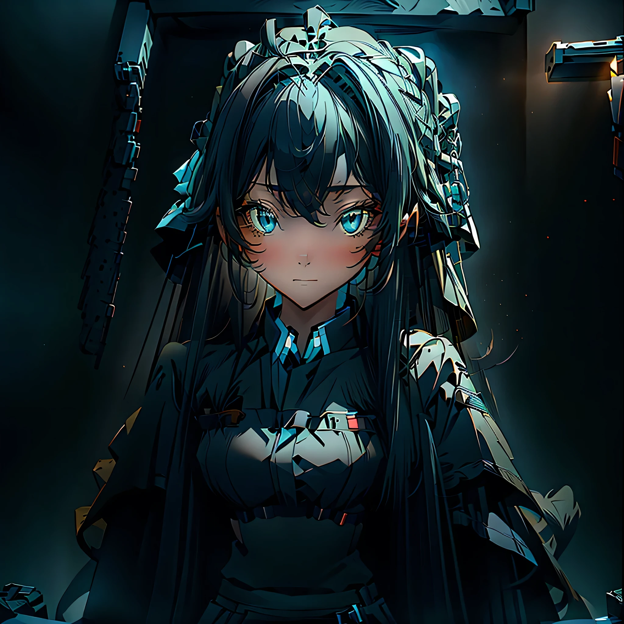 A lone girl, black long hair,  light blue eyes, Black hat, Black Military Cloth , Black Skirt, shy