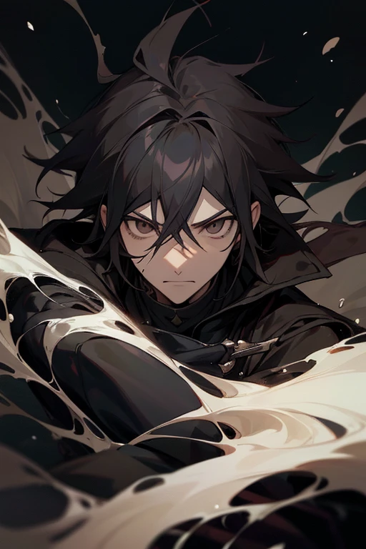 Anime character with black hair and dark brown eyes in a dark ...