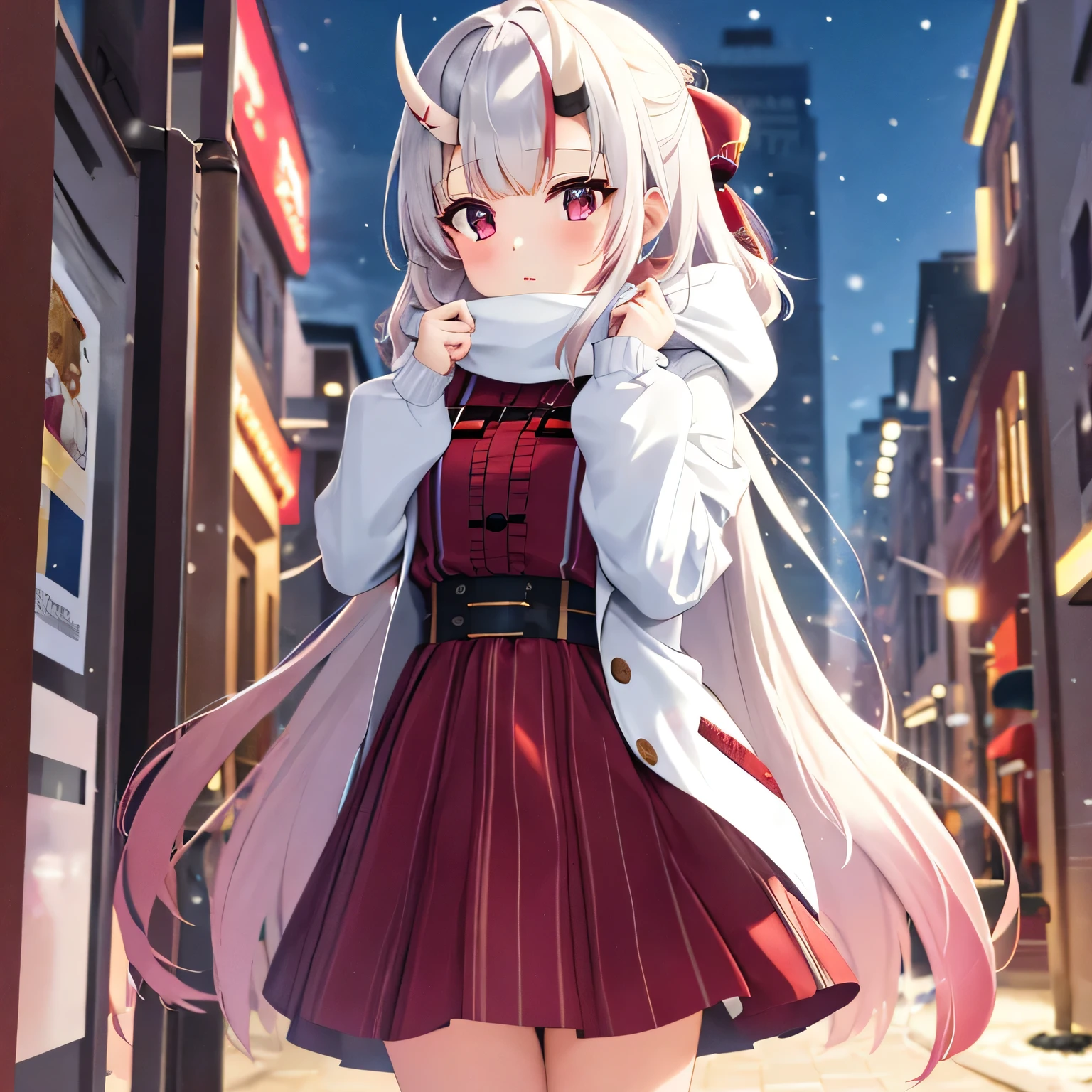 masterpiece, best quality, highres, 1girl,  alone, individuals, looking at the audience, white hair, pink eyes, ((cold weather clothes)), snowing, city, outdoors, night, movie poster, extremely detailed 8K, smooth, high resolution, ultra quality, cinematic lighting, ambient occlusion, hd, 2k, 4k, 8k, 16k, extremely detailed anime, detailed faces, perfect composition, wide shot, atmospheric lighting, 