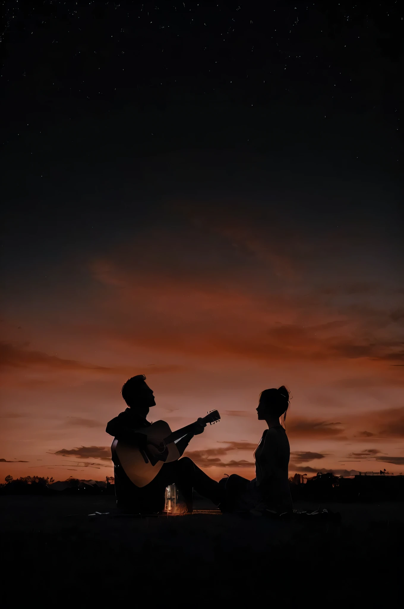 A man and a woman are sitting on a hill and playing the guitar, at sunset, During sunset, beautiful at sunset, at sunset, With sunset, With sunset, playing guitar, playing guitar, romantic couple, romantic scene, During sunset, playing guitar, Alexis Grimou(Alexis Grimou), gorgeous romantic sunset, silhouette over sunset