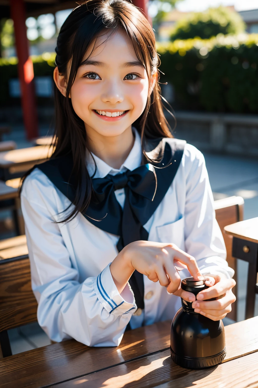 lens: 135mm f1.8, (highest quality),(RAW Photos), (Tabletop:1.1), (Beautiful 10 year old Japanese girl), Cute face, (Deeply chiseled face:0.7), (freckles:0.4), dappled sunlight, Dramatic lighting, (Japanese School Uniform), (On campus), shy, (Close-up shot:1.2), (smile),, (Sparkling eyes)、(sunlight)