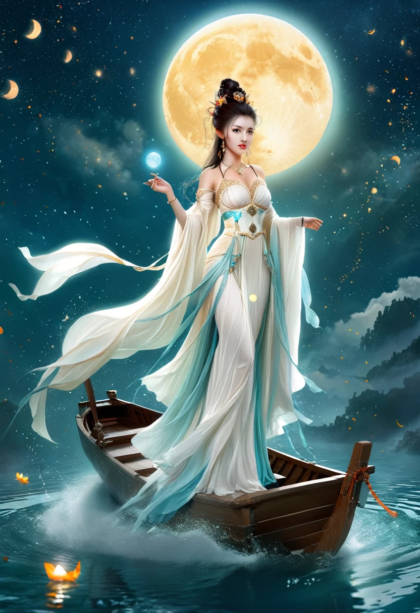 Anime girl in a white dress floating a boat in the water，Fantasy，Moon Goddess，Beautiful fantasy queen,  by Yang J, Chinese Fantasy，Beautiful girl，Sea Queen Mu Yanling，Moon Goddess，Moon Goddess，Flowing magic robe，Beautiful fairy wizard, by Leng Mei, ((a beautiful fantasy empress))