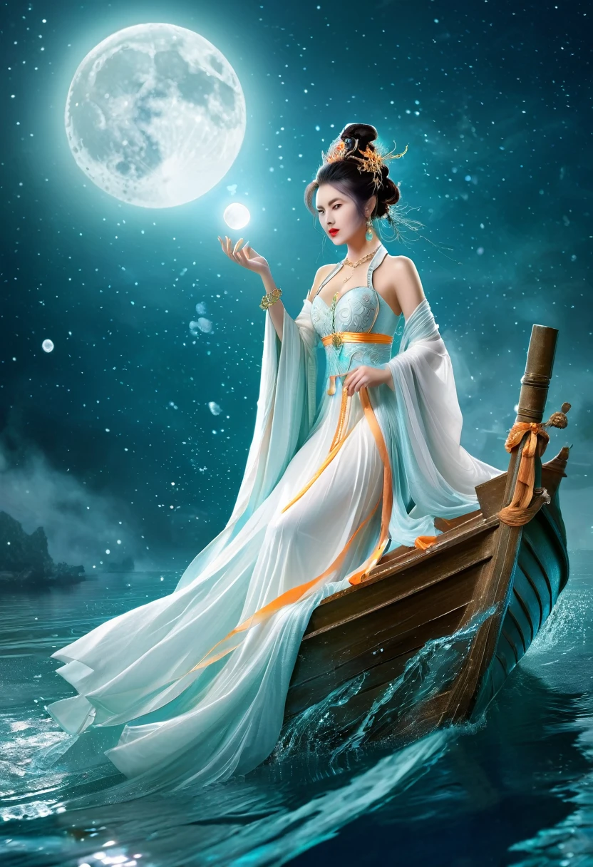 Anime girl in a white dress floating a boat in the water，Fantasy，Moon Goddess，Beautiful fantasy queen,  by Yang J, Chinese Fantasy，Beautiful girl，Sea Queen Mu Yanling，Moon Goddess，Moon Goddess，Flowing magic robe，Beautiful fairy wizard, by Leng Mei, ((a beautiful fantasy empress))