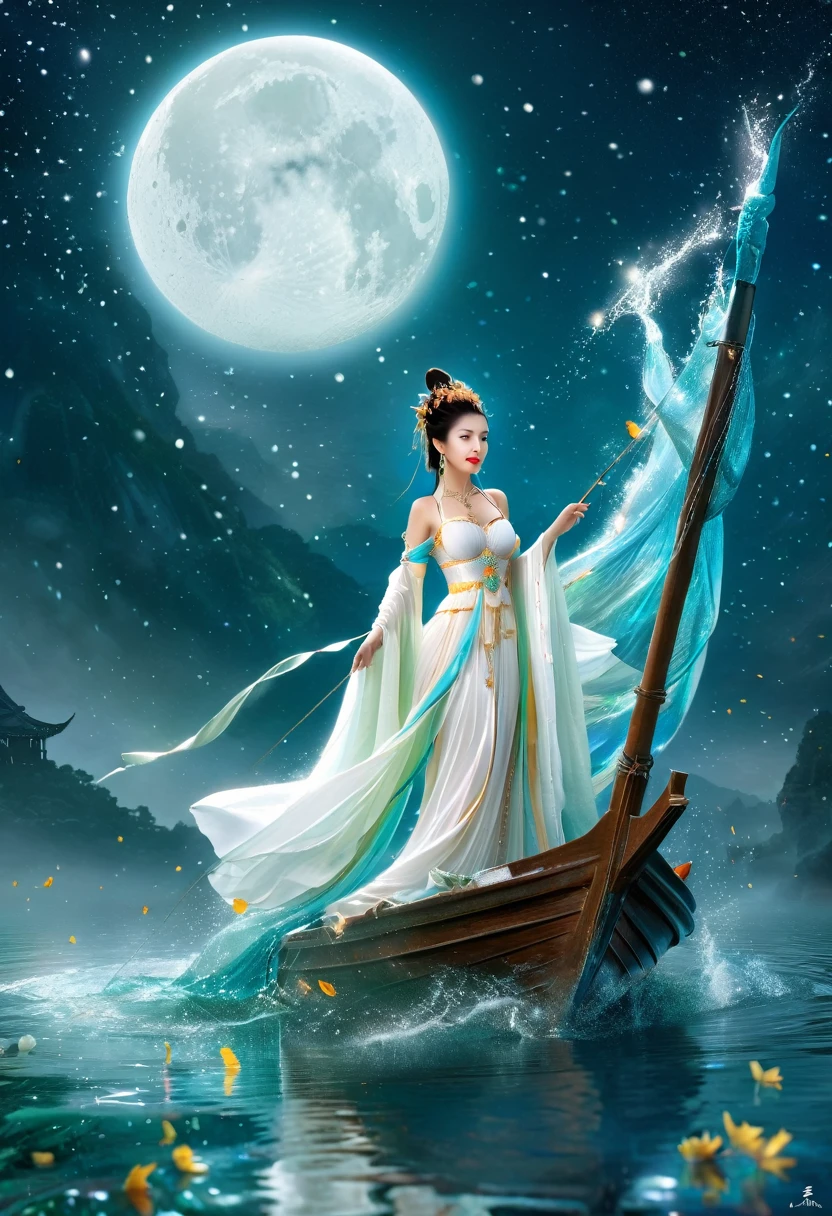 Anime girl in a white dress floating a boat in the water，Fantasy，Moon Goddess，Beautiful fantasy queen,  by Yang J, Chinese Fantasy，Beautiful girl，Sea Queen Mu Yanling，Moon Goddess，Moon Goddess，Flowing magic robe，Beautiful fairy wizard, by Leng Mei, ((a beautiful fantasy empress))