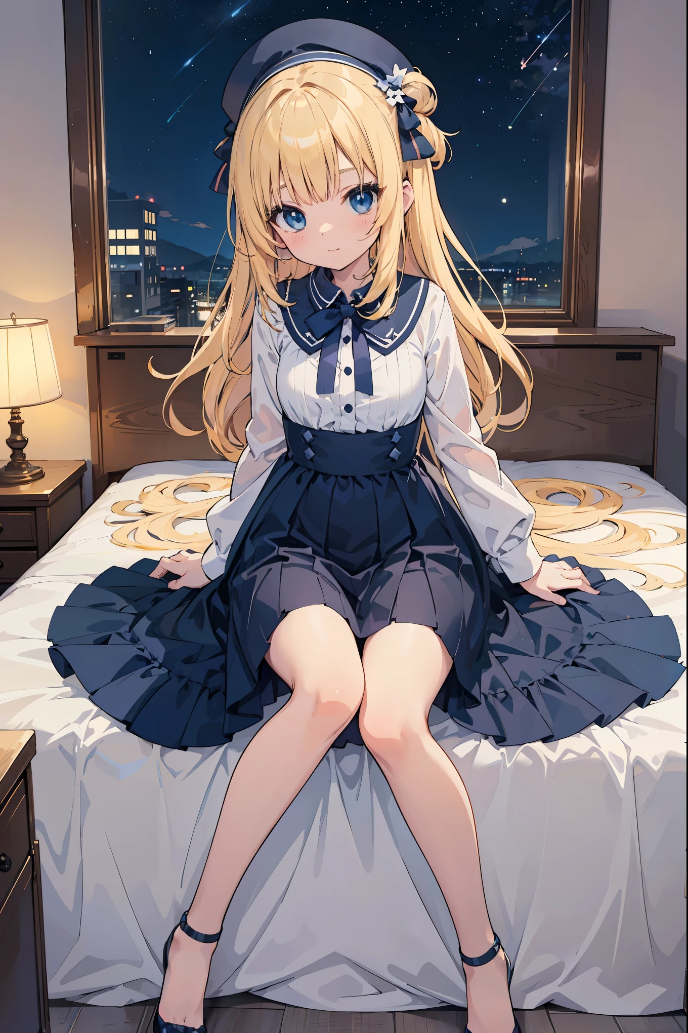 Highly Detailed CG Integrated 8k Wallpaper、Very Good、Absurd、8KCG Wallpaper、Highest Quality、Super Detailed、Cute Face、Anime Girl Sitting on Bed in Blue Dress and White Shirt, Home Art Animes, Blonde Long Hair anime girl, anime style as destiny, Cute girl anime pictures, cute anime wife in a nice dress, in a dress, best anime girl, small curves, anime moe art style、The stars are full of shine