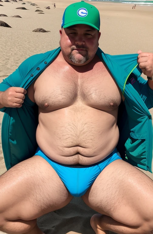 He is running on the beach, plump, chubby, extremely thick thighs, large belly, wearing only green swim trunks. He doesn't wear a shirt.muito barbudo. 56 anos.apana 1 umbigo. Barriga detalhada. Segurando vara de pesca. Ele veste colete de pescador. wearing cap.