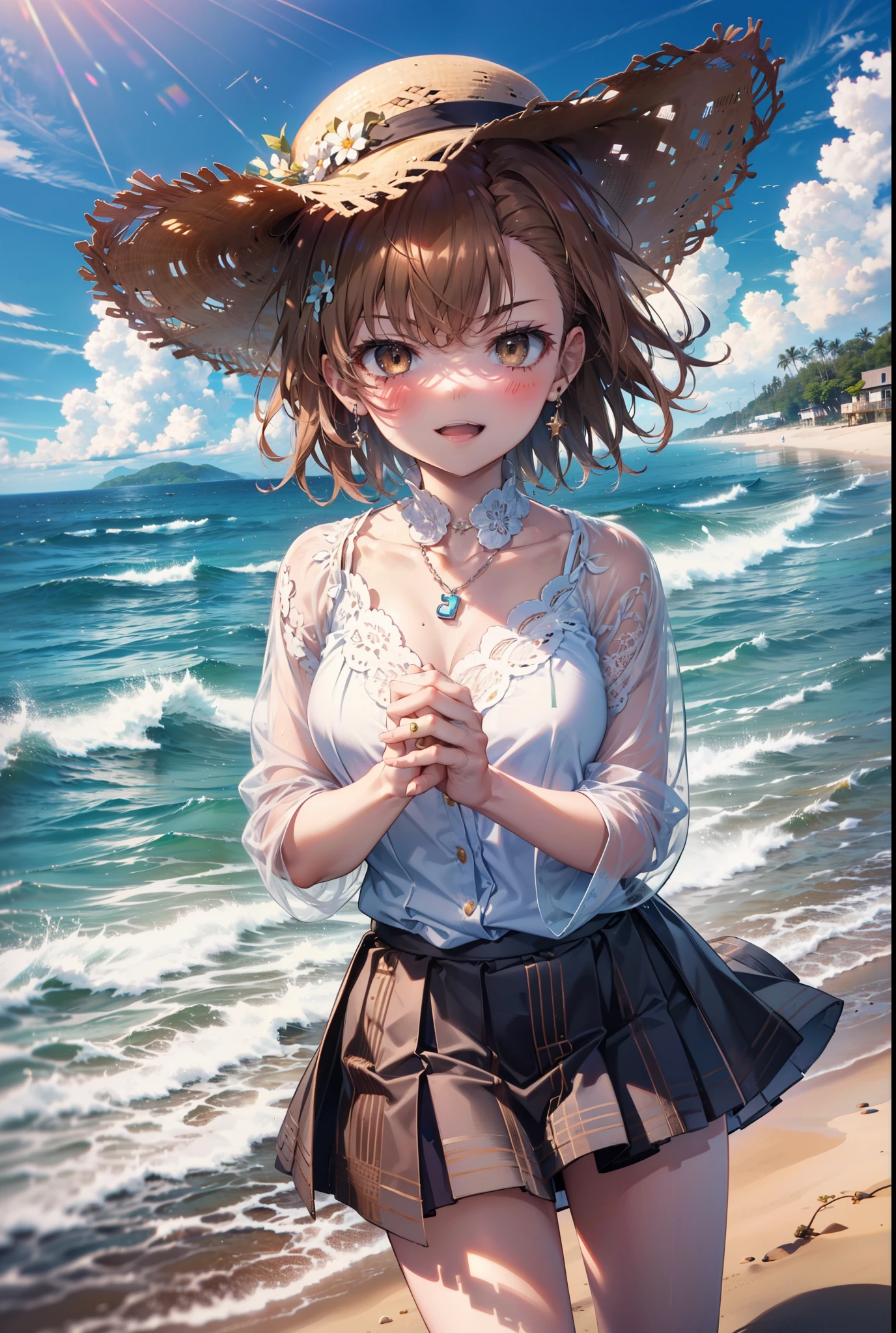 8k,highest quality,masterpiece,(((Pixel Perfect, Perfect in every detail))), alone, 1 girl, ,Mycotrose, Brown eyes,Brown Hair,short hair,No sleeve赤色ワンピース,No sleeve,Long skirt,barefoot,Locket Necklace,Straw hat,Beach,Strolling on the sandy beach,happy smile, smile, Open your mouth,True Summer,Daytime,Clear skies,As if your whole body is in the illustration,(masterpiece:1.2), highest quality, High resolution, unity 8k wallpaper, (shape:0.8), (Beautiful and detailed:1.6), Highly detailed face, Perfect lighting, Extremely detailed CG, (Perfect hands, Perfect Anatomy),
