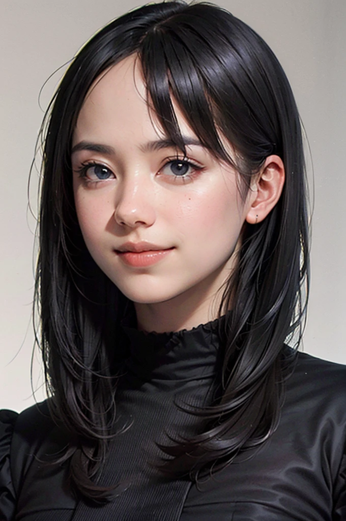 "(highest quality,8K,High resolution,masterpiece:1.2),Super detailed,(realistic,photorealistic,photo-realistic:1.37),(Realistic:1.37),dark short hair,Jet-black flowing hair,fringe,Deep black eyes,21 years old,Shoulder-length hair,Black clothes,Black Uniform,Moderate:oil,Portrait of a Woman,smile,Vibrant colors,Soft lighting,Studio settings,Fine brushwork,Light Skin,Gentle expression,Subtle highlights,Thin hair bundle,A confident gaze,Classic black and white palette,Dramatic contrast,Bold composition,Mystery hint,Refined elegance,Professional Poses,Graceful posture,Perfect detail,Smooth skin texture,Perfect symmetry,Subtle background with hints of darkness,Conspiracy mood,Sublime Art