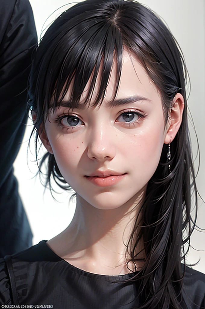 "(highest quality,8K,High resolution,masterpiece:1.2),Super detailed,(realistic,photorealistic,photo-realistic:1.37),(Realistic:1.37),dark short hair,Jet-black flowing hair,fringe,Deep black eyes,21 years old,Shoulder-length hair,Black clothes,Black Uniform,Moderate:oil,Portrait of a Woman,smile,Vibrant colors,Soft lighting,Studio settings,Fine brushwork,Light Skin,Gentle expression,Subtle highlights,Thin hair bundle,A confident gaze,Classic black and white palette,Dramatic contrast,Bold composition,Mystery hint,Refined elegance,Professional Poses,Graceful posture,Perfect detail,Smooth skin texture,Perfect symmetry,Subtle background with hints of darkness,Conspiracy mood,Sublime Art