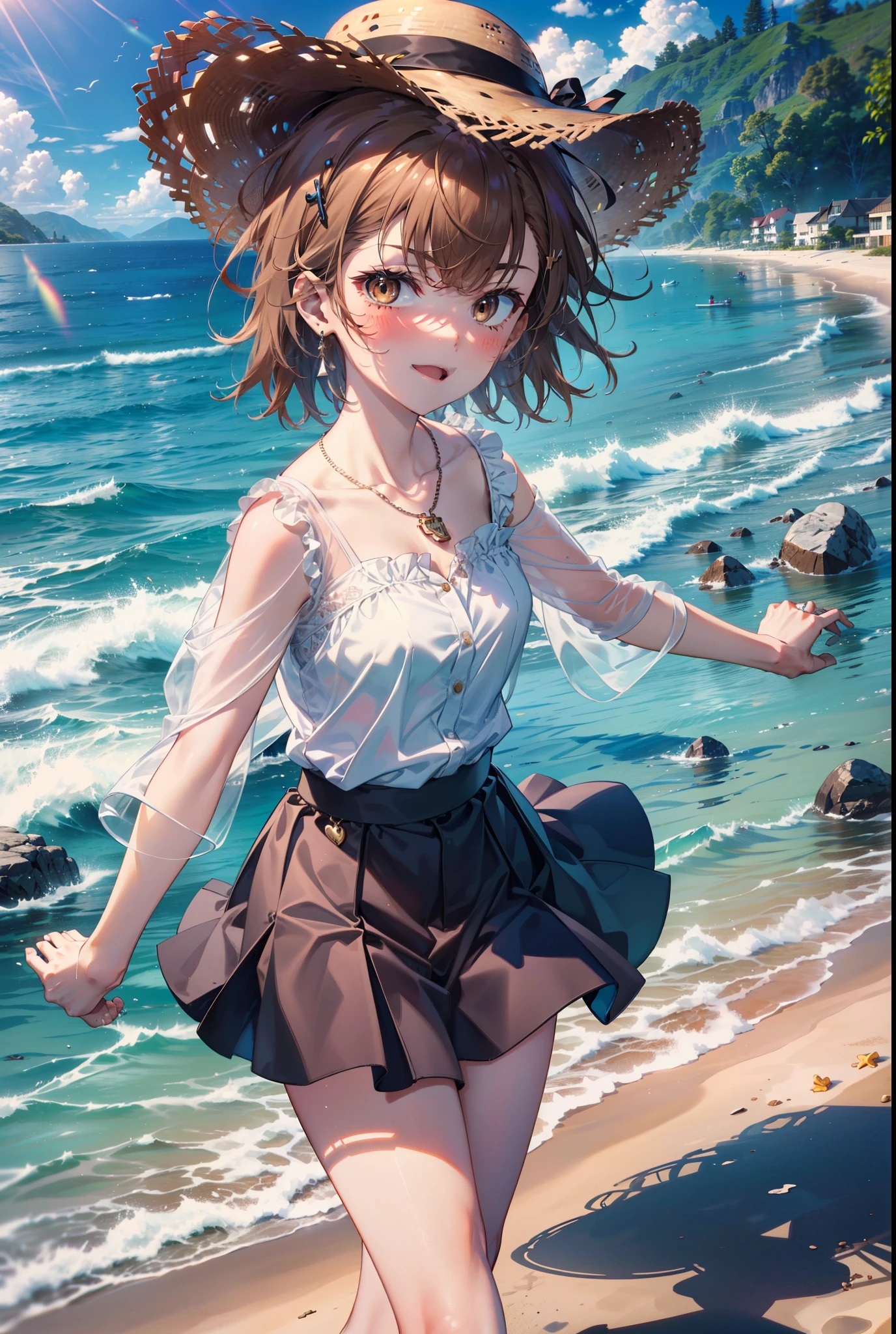 8k,highest quality,masterpiece,(((Pixel Perfect, Perfect in every detail))), alone, 1 girl, ,Mycotrose, Brown eyes,Brown Hair,short hair,No sleeve赤色ワンピース,No sleeve,Long skirt,barefoot,Locket Necklace,Straw hat,Beach,Strolling on the sandy beach,happy smile, smile, Open your mouth,True Summer,Daytime,Clear skies,As if your whole body is in the illustration,(masterpiece:1.2), highest quality, High resolution, unity 8k wallpaper, (shape:0.8), (Beautiful and detailed:1.6), Highly detailed face, Perfect lighting, Extremely detailed CG, (Perfect hands, Perfect Anatomy),
