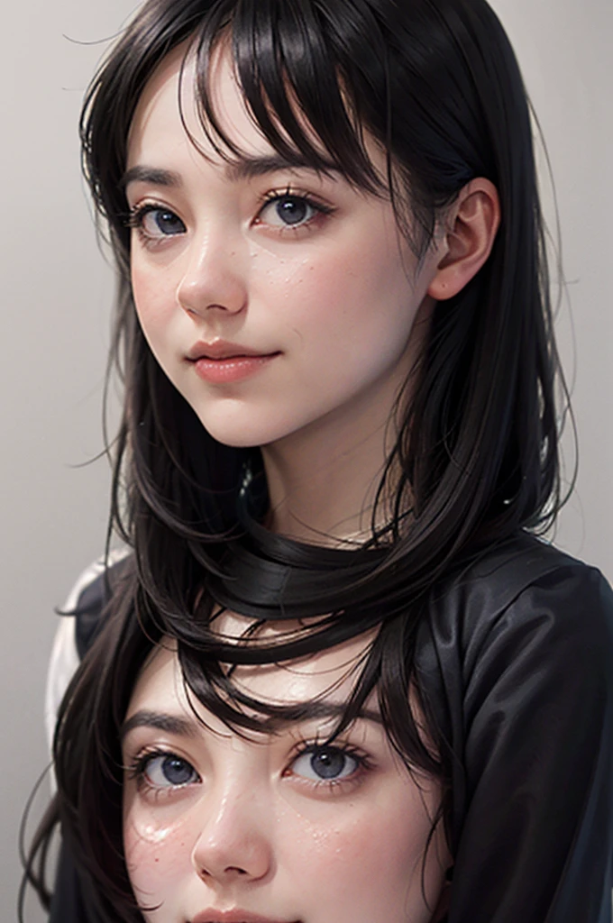 "(highest quality,8K,High resolution,masterpiece:1.2),Super detailed,(realistic,photorealistic,photo-realistic:1.37),(Realistic:1.37),dark short hair,Jet-black flowing hair,fringe,Deep black eyes,21 years old,Shoulder-length hair,Black clothes,Black Uniform,Moderate:oil,Portrait of a Woman,smile,Vibrant colors,Soft lighting,Studio settings,Fine brushwork,Light Skin,Gentle expression,Subtle highlights,Thin hair bundle,A confident gaze,Classic black and white palette,Dramatic contrast,Bold composition,Mystery hint,Refined elegance,Professional Poses,Graceful posture,Perfect detail,Smooth skin texture,Perfect symmetry,Subtle background with hints of darkness,Conspiracy mood,Sublime Art