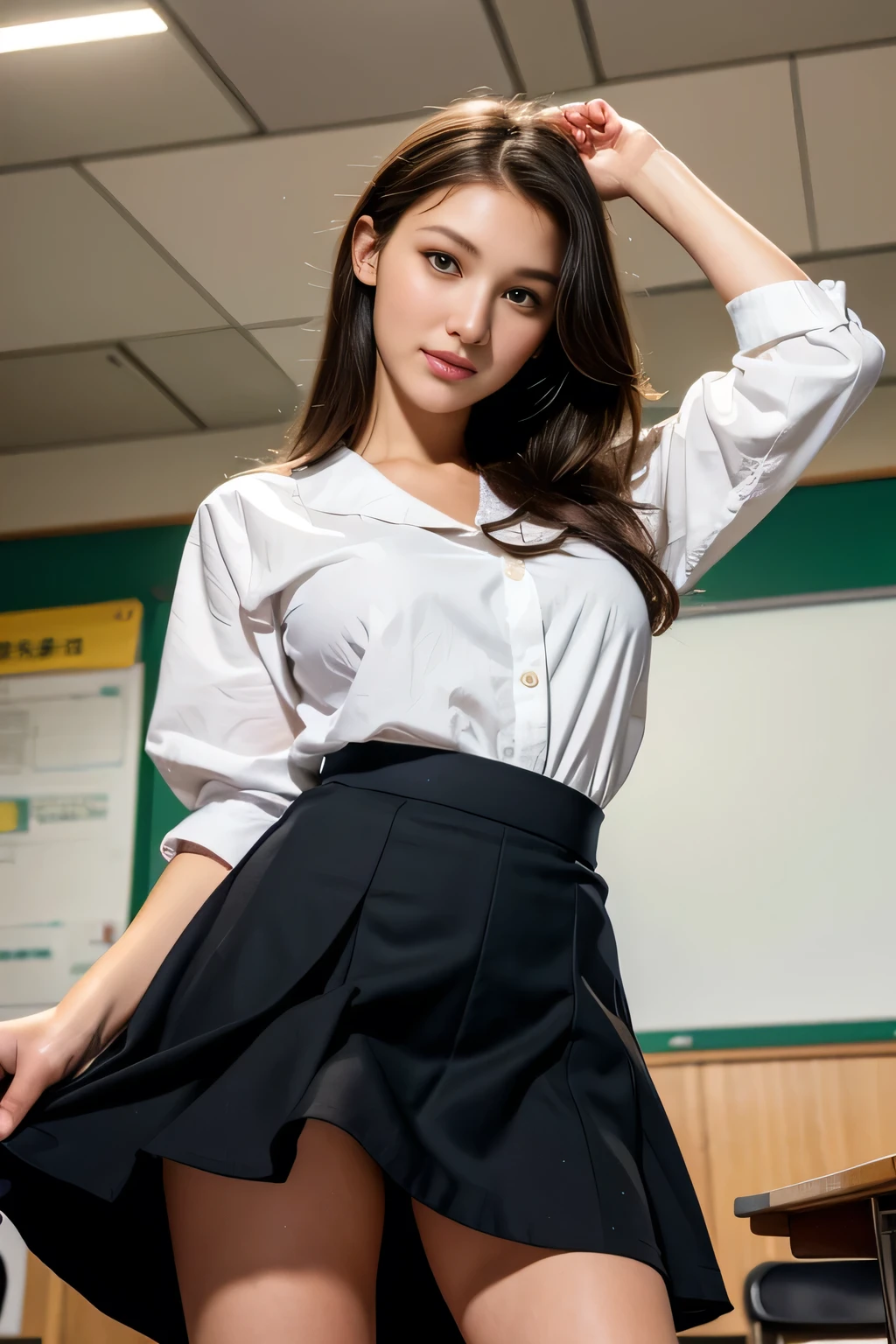 Beautiful, cute baby Face, 18 Years old Bella Hadid, cute face,super detailed face,detailed hand,beautiful skin,oily skin,big eyes,profeccional lighting,medium hair,black hair,brown beautiful eyes, big smile,standing, (skirt lift:1.2),big breasts, (sailor suit),(checked skirt), panties, black high socks, spread legs, she is looking at the camera,classroom, from below,
