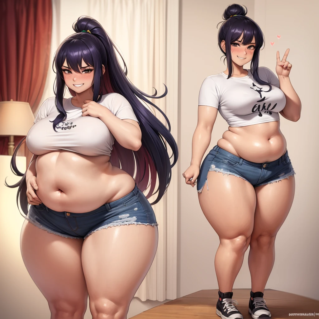 Your beautiful gorgeous sexy curvy tomboy girlfriend wearing a crop top and booty shorts,solo, blushing, grinning, accidentally cute pose, she knows you’re trying to make her fatter, she loves you, heavy chubby belly, wide hips large round heavy breasts,