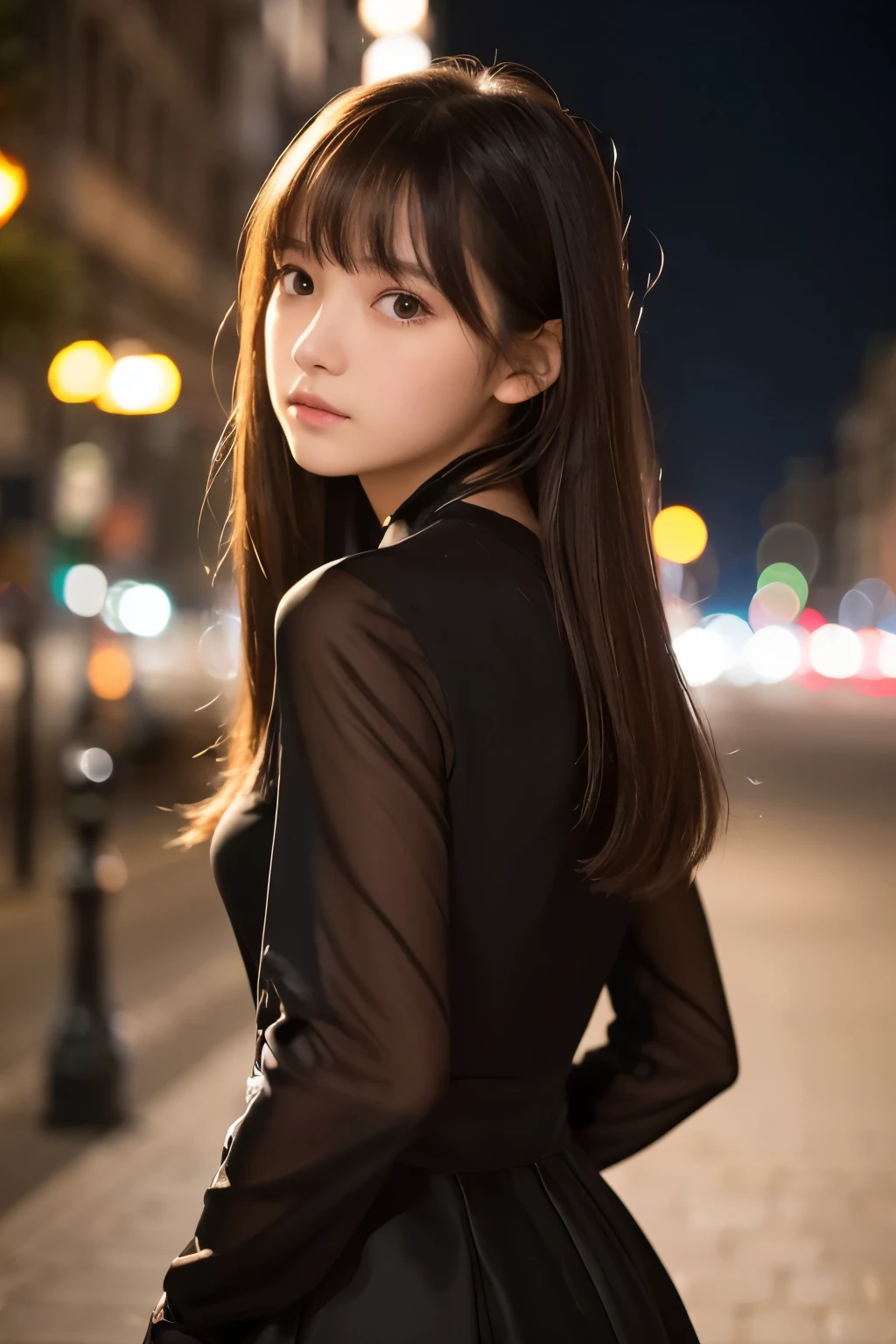 masterpiece, top quality, raw photo, scene from a movie, alone in the city at night, beautiful girl, (delicate eyes, cute lips), (17 years old), (black dress, long sleeves), looking back, brown eyes, with bangs, hair blowing in the wind, fair complexion, (innocent), light makeup, (cute face), innocent girl, delicate face