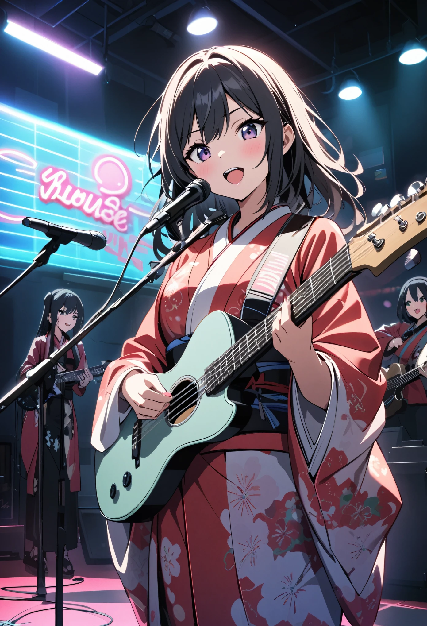 Girl Band, Group of 4, Wearing a kimono, Neon light light, live house, With an instrument