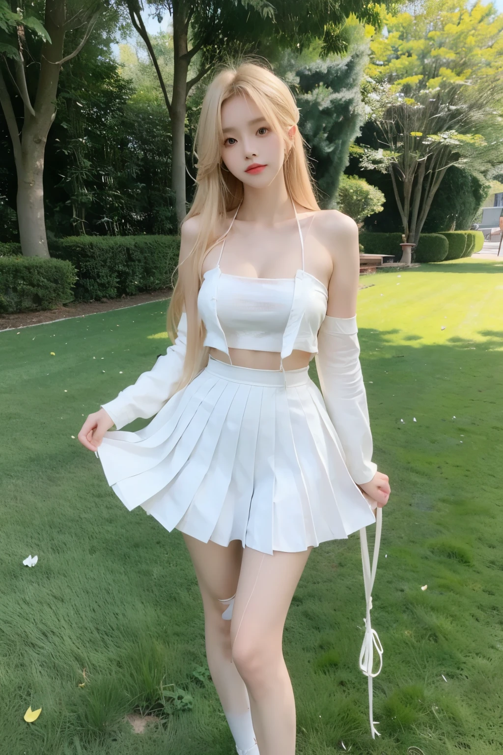 Beautiful woman with perfect body：1.4，Layered Hairstyle，Prominent cleavage，Highly detailed face and skin textures，Double eyelids，Skin Whitening，Long hair，Whitened long legs，blond，（White coat，Pleated Skirt，White pantyhose）Standing on the grass