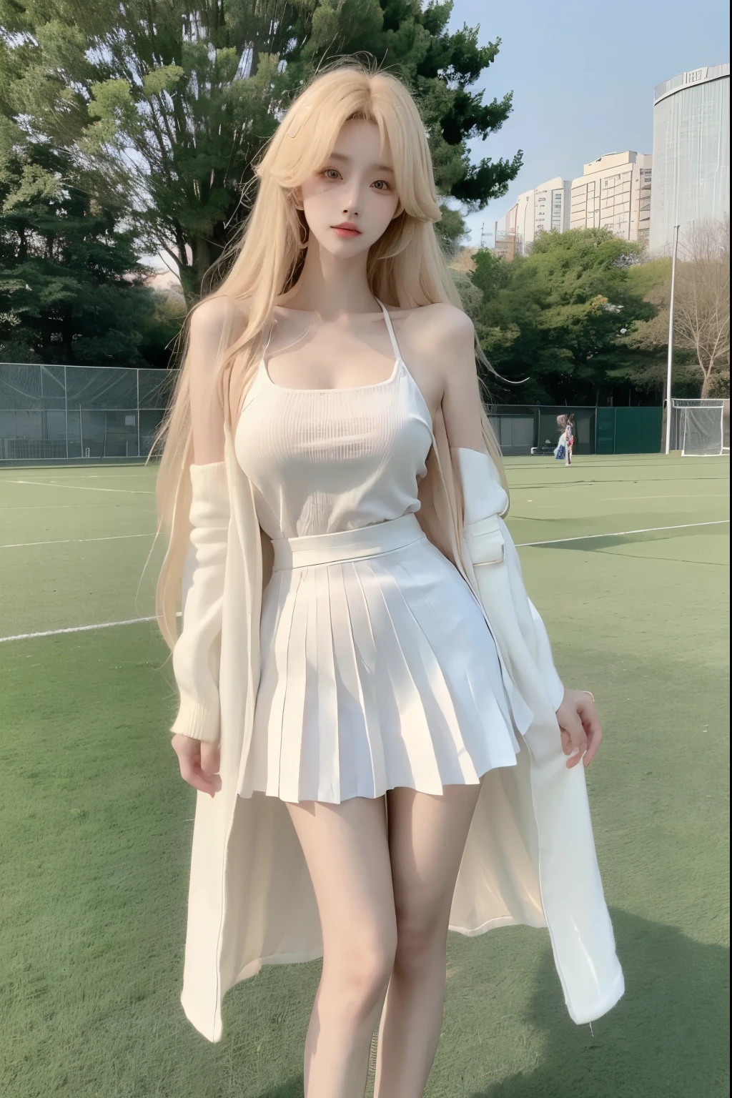 Beautiful woman with perfect body:1.4,Layered Hairstyle,Prominent cleavage,Highly detailed face and skin textures,Double eyelids,Skin Whitening,Long hair,Whitened long legs,blond,(Black coat,Pleated Skirt,White pantyhose)Standing on the sports field