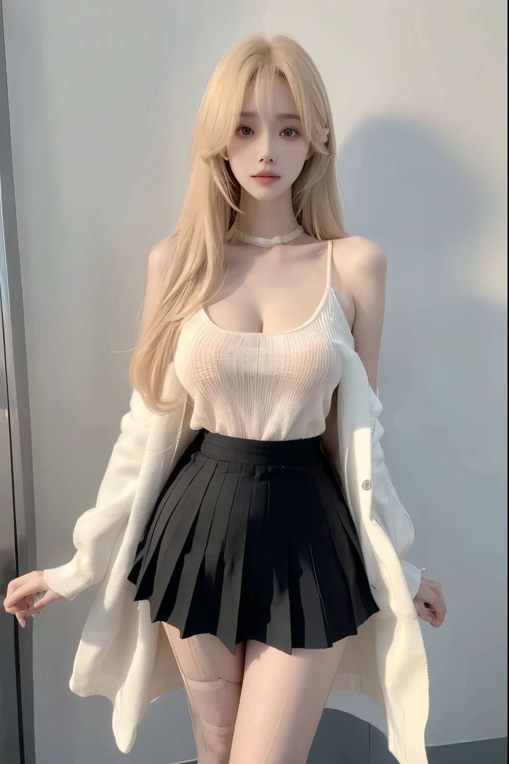 Beautiful woman with perfect body:1.4,Layered Hairstyle,Prominent cleavage,Highly detailed face and skin textures,Double eyelids,Skin Whitening,Long hair,Whitened long legs,blond,(Black coat,Pleated Skirt,White pantyhose)Standing on the sports field