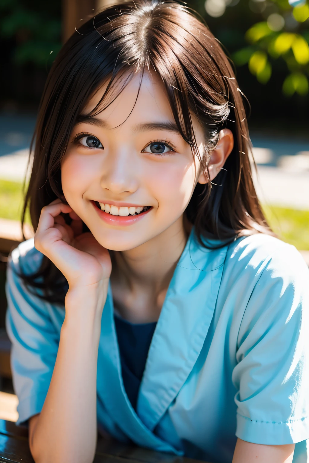 lens: 135mm f1.8, (highest quality),(RAW Photos), (Tabletop:1.1), (Beautiful 3 year old Japanese girl), Cute face, (Deeply chiseled face:0.7), (freckles:0.4), dappled sunlight, Dramatic lighting, (Japanese School Uniform), (On campus), shy, (Close-up shot:1.2), (smile),, (Sparkling eyes)、(sunlight)