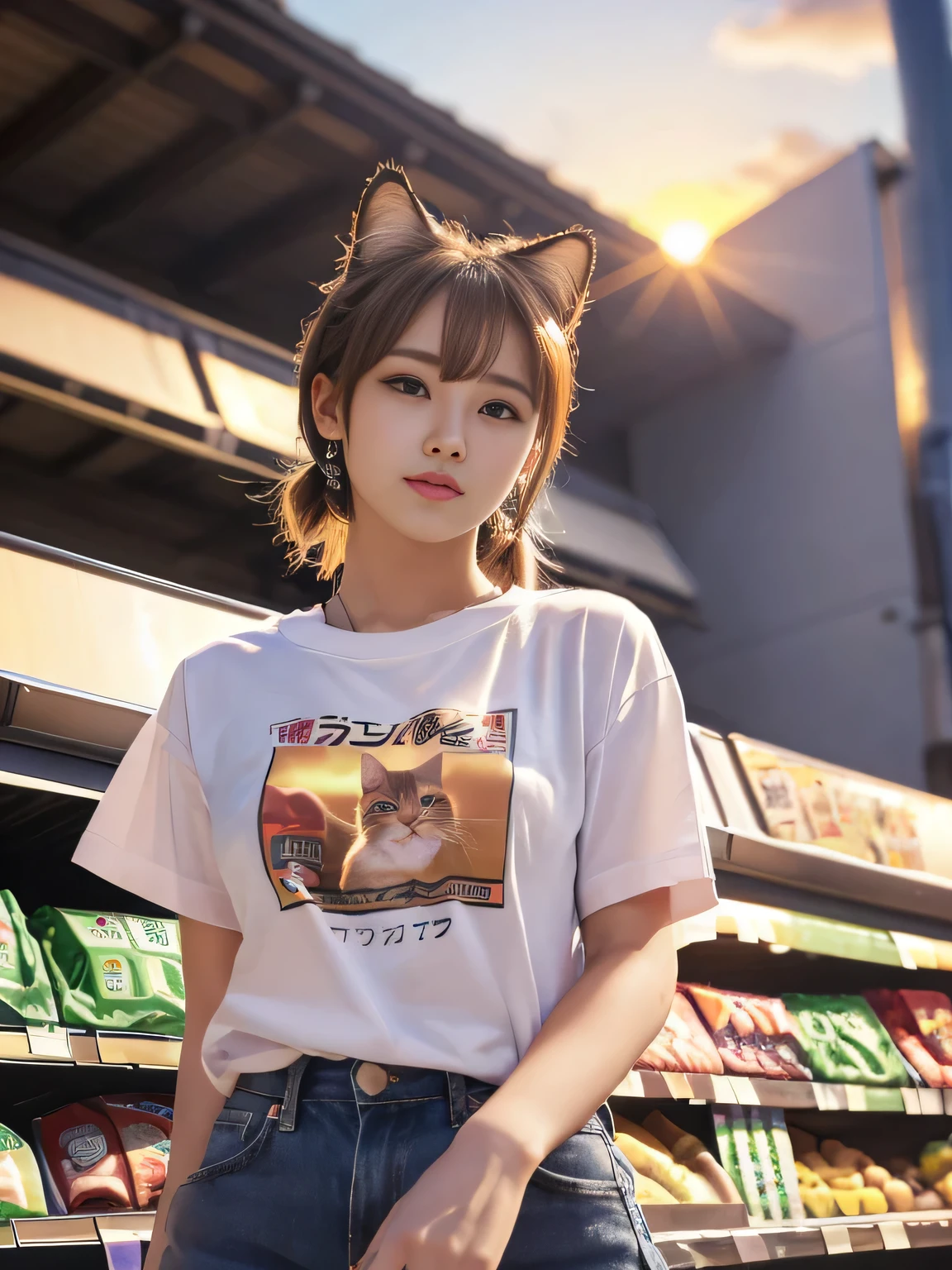 4K.High resolution. (masterpiece, highest quality, ) ,Bokeh, girl, Beautiful light brown hair, Light brown eyes, Plump breasts, Blushed, (Cat ear:1.2), colorful t-shirt,  (Japanese Idols:1.6), Holding a cute cat,   Looking at the audience, (The main supermarket in the background at sunset:1.4), (From below:1.6), Cowboy Shot