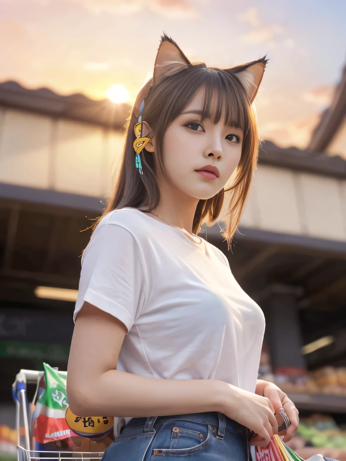 4K.High resolution. (masterpiece, highest quality, ) ,Bokeh, girl, Beautiful light brown hair, Light brown eyes, Plump breasts, Blushed, (Cat ear:1.2), colorful t-shirt, (Japanese Idols:1.6), Holding a cute cat, Looking at the audience, (The main supermarket in the background at sunset:1.4), (From below:1.6), Cowboy Shot