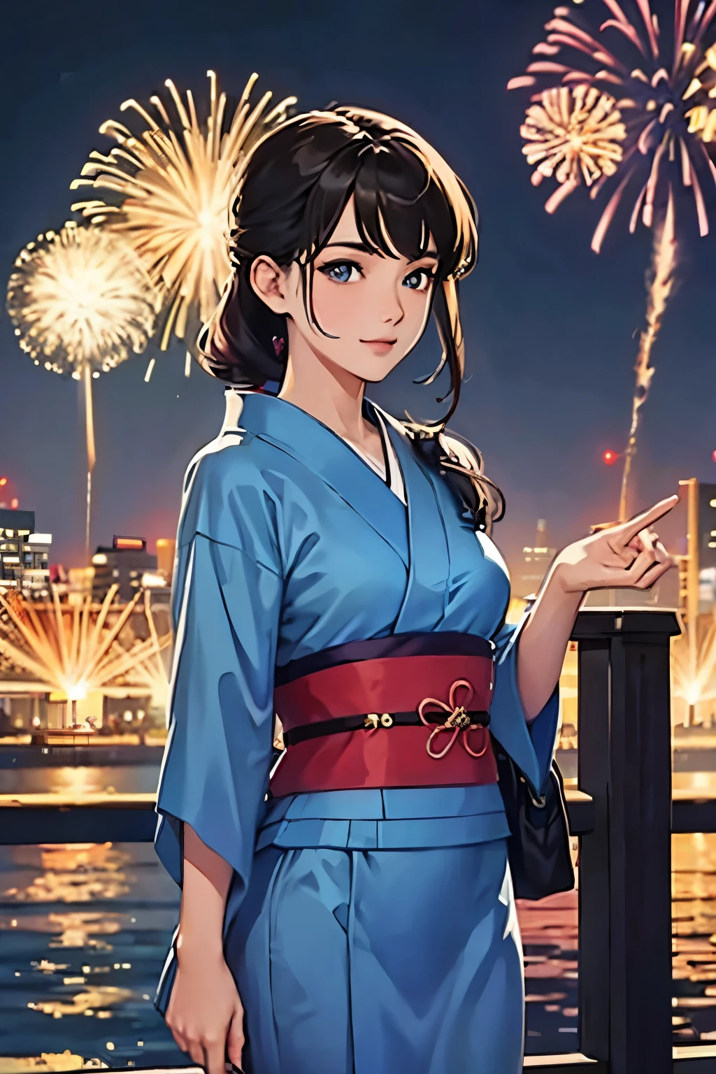 ((masterpiece, top quality, super definition, high definition)), solo, beautiful girl, shining eyes, perfect eyes, ************, blue theme, yukata, fireworks