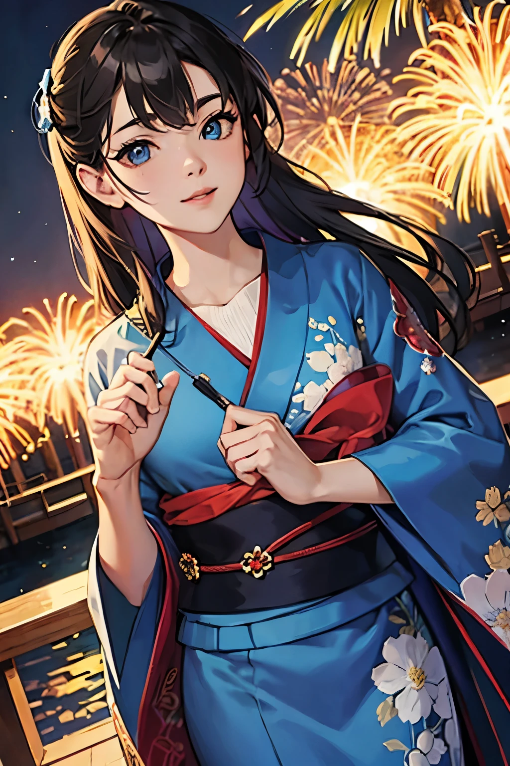 ((masterpiece, top quality, super definition, high definition)), solo, beautiful girl, shining eyes, perfect eyes, , blue theme, yukata, fireworks