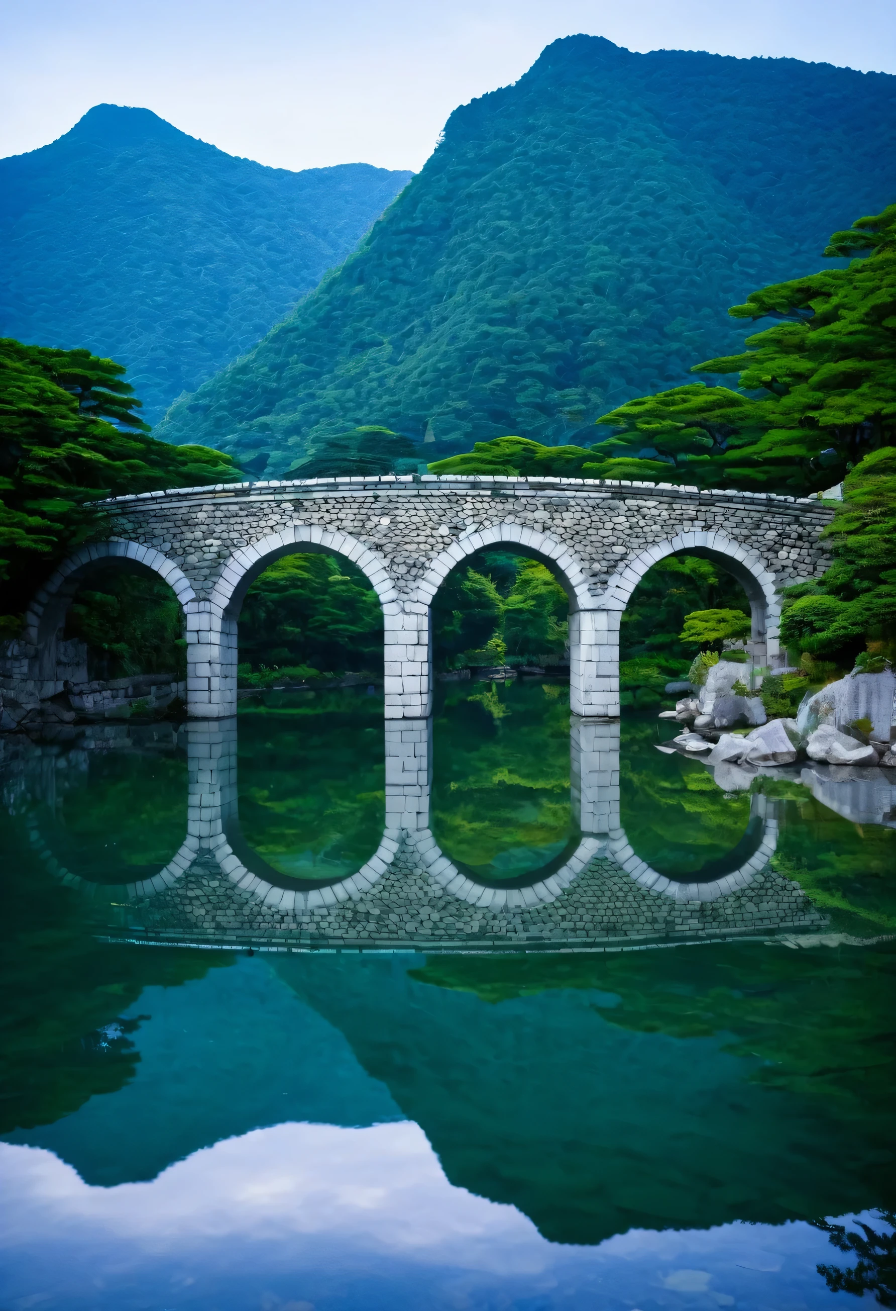 arafed stone bridge over a lake with a reflection of mountains in the water, Water Bridge, stone bridge, bridge over the water, old bridge, bridge, by Yasushi Sugiyama, arch, white stone arch, by Kaii Higashiyama, Francesco Raibolini, By Francesco Bonsignori, lake kawaguchi