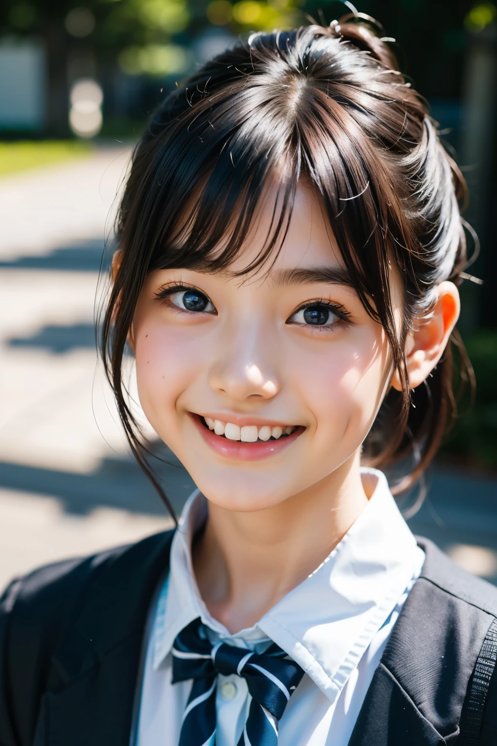 lens: 135mm f1.8, (highest quality),(RAW Photos), (Tabletop:1.1), (Beautiful 11 year old Japanese girl), Cute face, (Deeply chiseled face:0.7), (freckles:0.4), dappled sunlight, Dramatic lighting, (Japanese School Uniform), (On campus), shy, (Close-up shot:1.2), (smile),, (Sparkling eyes)、(sunlight)