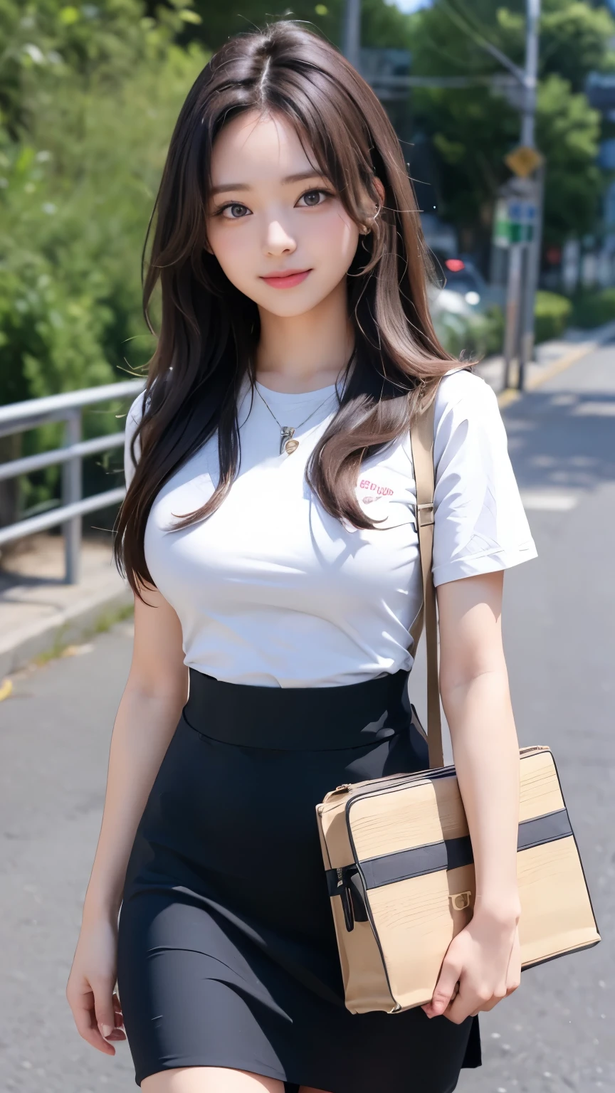 (better quality, 8k, masterpiece :1.3), gentle and kind female student at age 22,She smiled,walking beside me,big breasts,skirt,