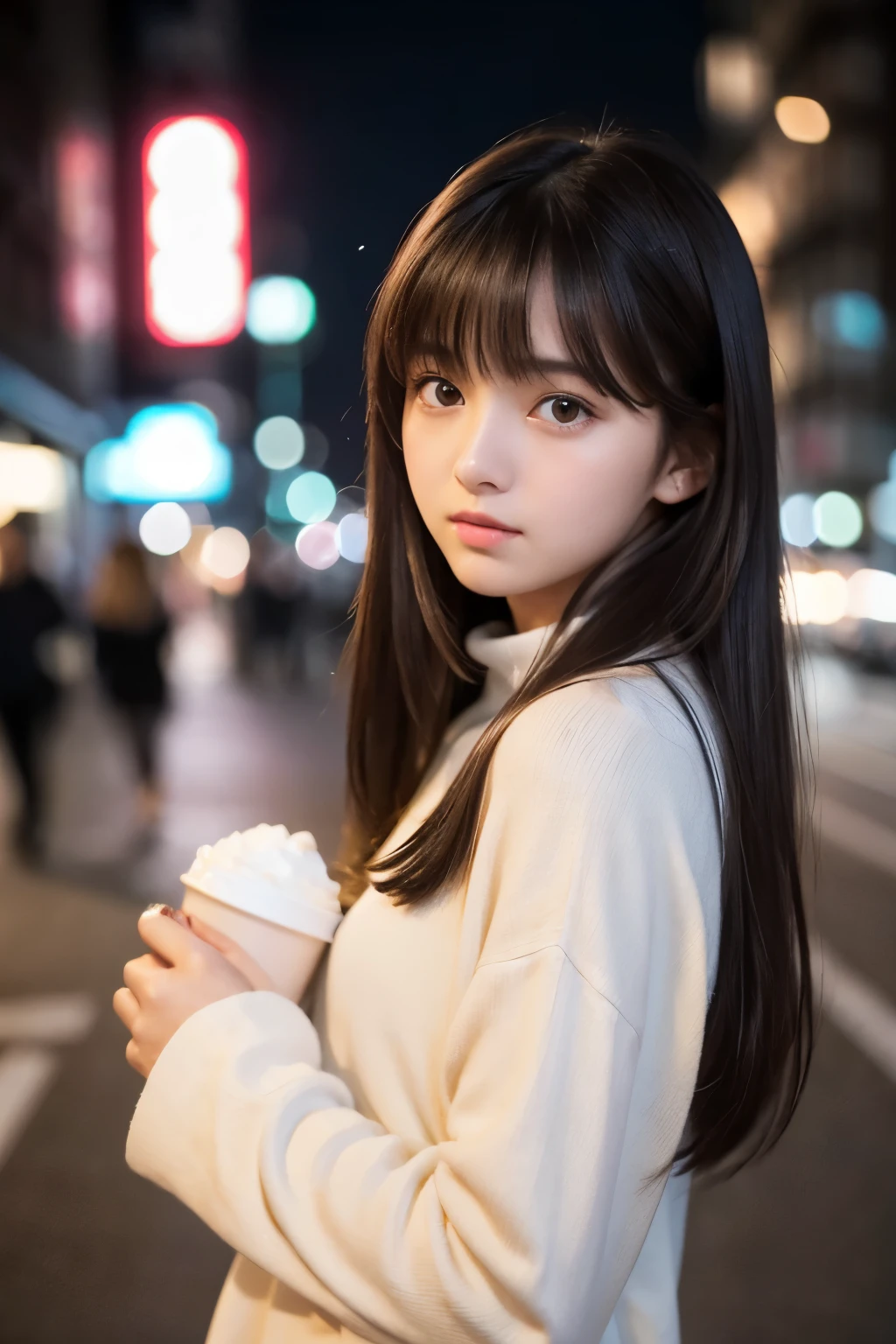 masterpiece, top quality, raw photo, scene from a movie, walking in the city at night, beautiful girl, (delicate eyes, cute lips), (17 years old), (black clothes, long sleeves), brown eyes, with bangs, hair blowing in the wind, fair color, (innocent), light makeup, (cute face, ), innocent girl, delicate face 